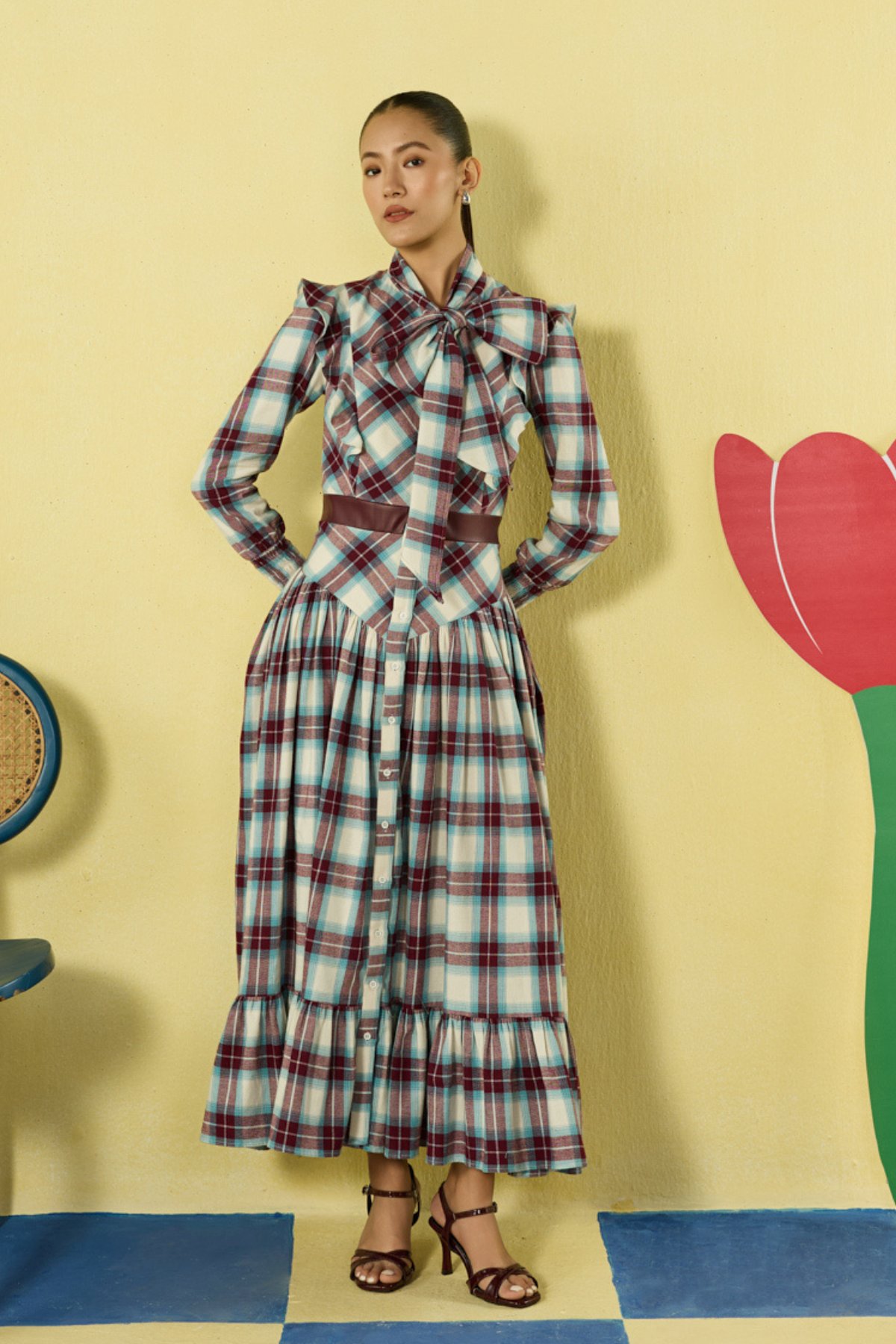 Mauve and White Checked Tie-Neck Tiered Maxi Dress
