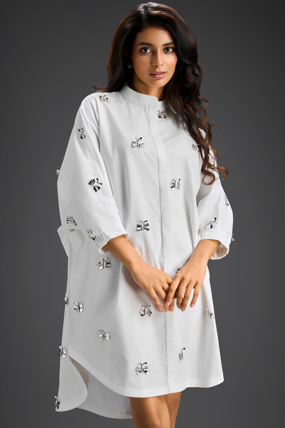 White Oversized Shirt Dress With Butterfly Motifs