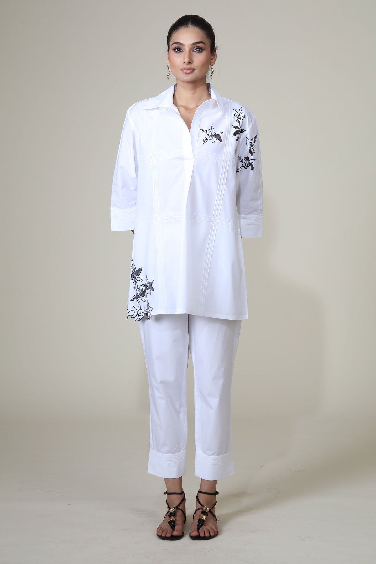 White and Black Cotton Poplin Collared Tunic Top