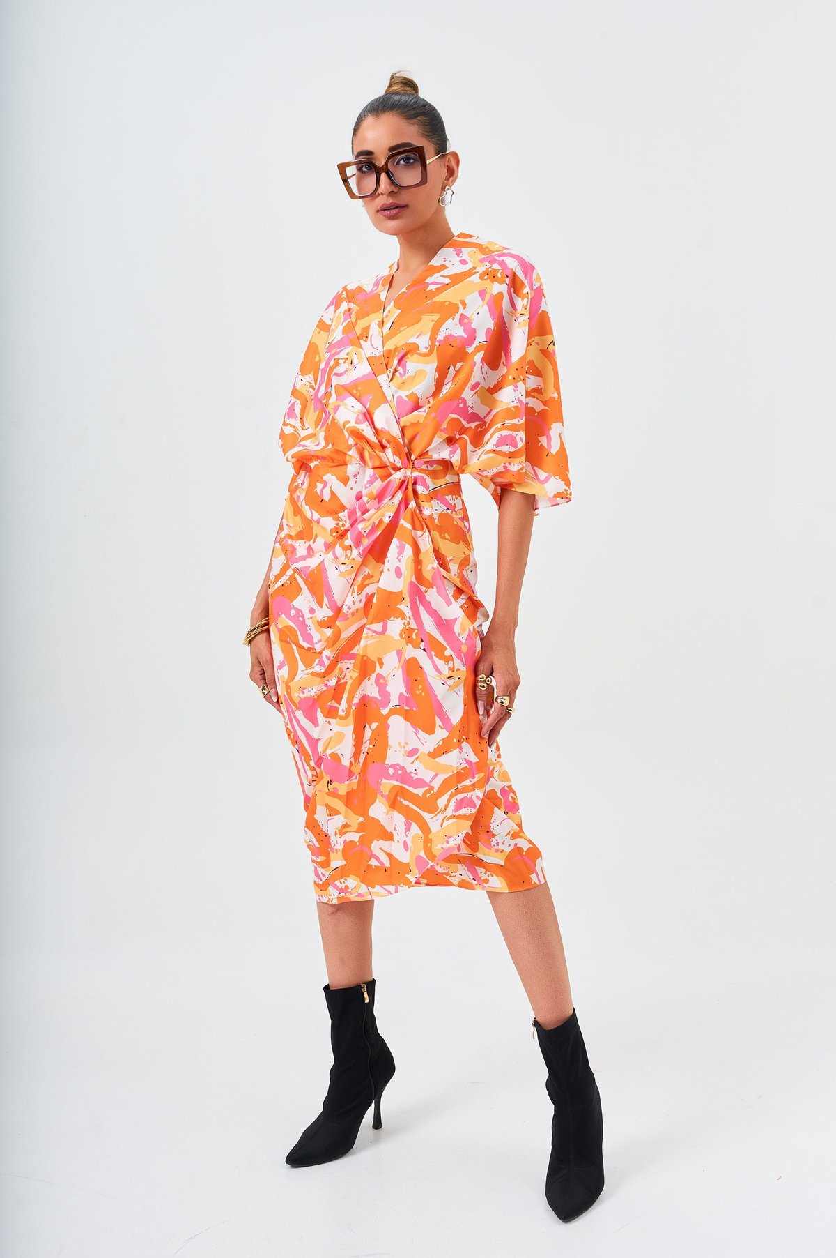 Multicolor Abstract Print Wrap Midi Dress