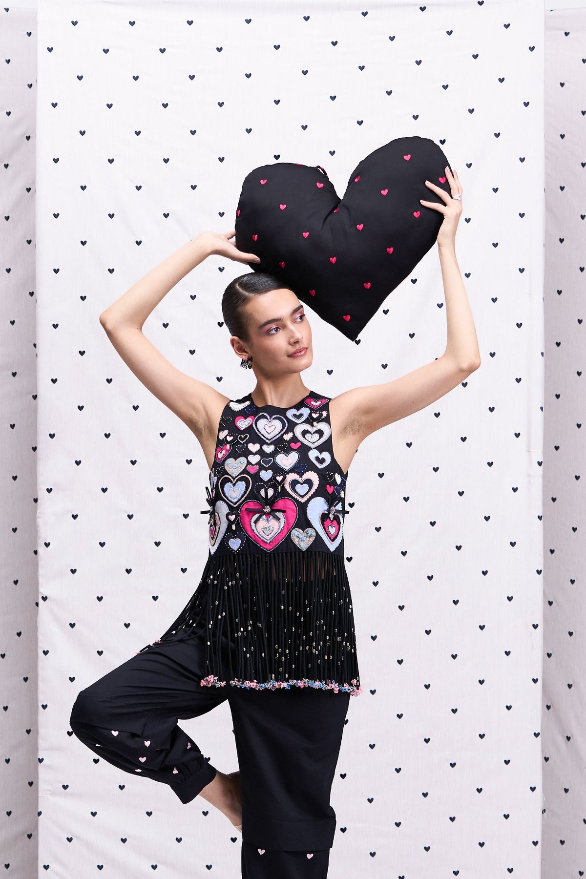 Black Heart-Embroidered Crop Top and Balloon Pants Co-ord