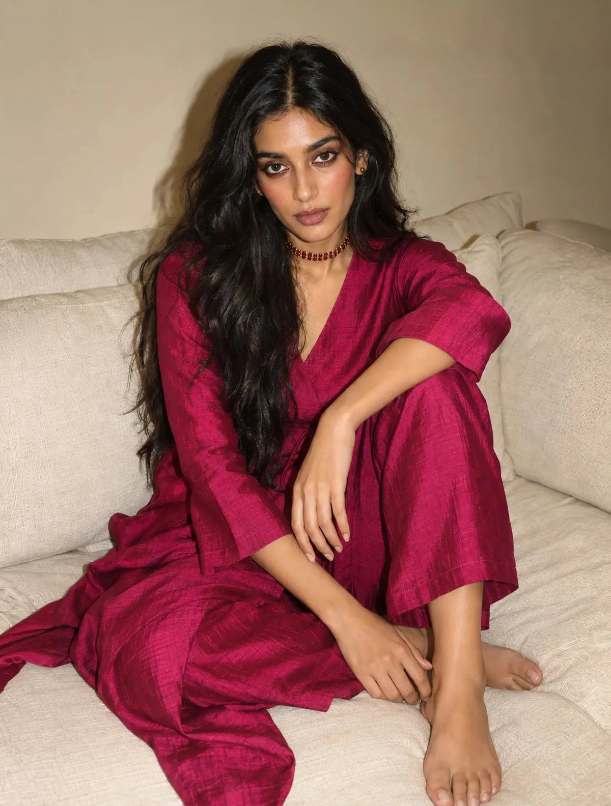 Purple Textured Silk Angrakha Kurta Pant Set