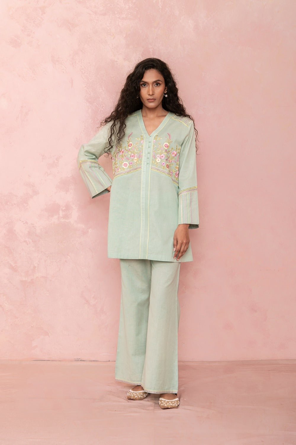 Green Embroidered Tunic and Pants Co-ord Set