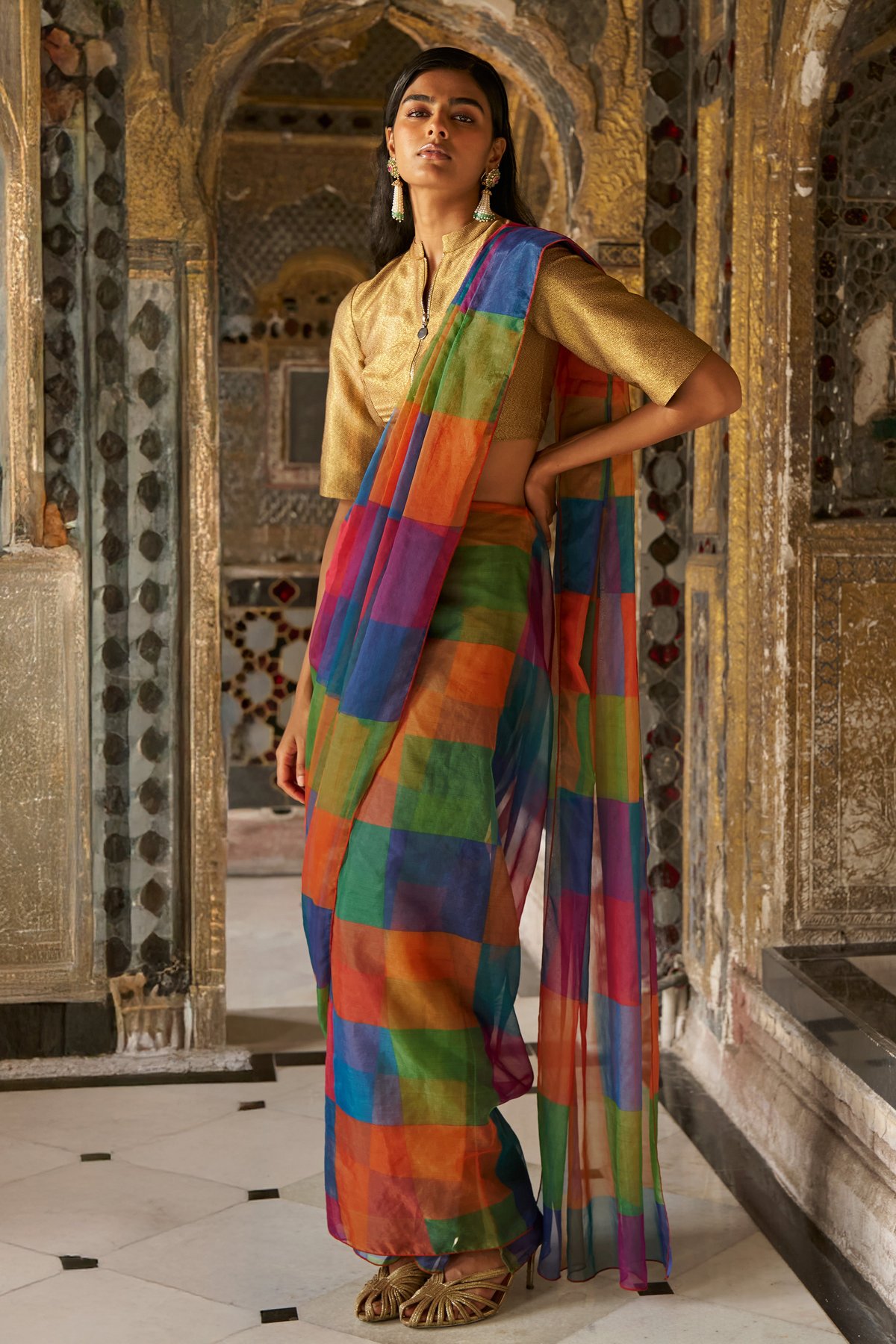 Multicolour Check Sari Drape Maxi Skirt Co-ord Set