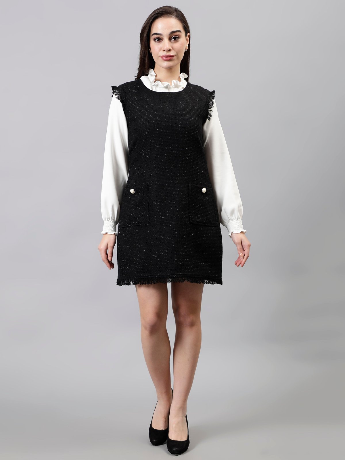 Black and White Tweed Mini Shift Dress