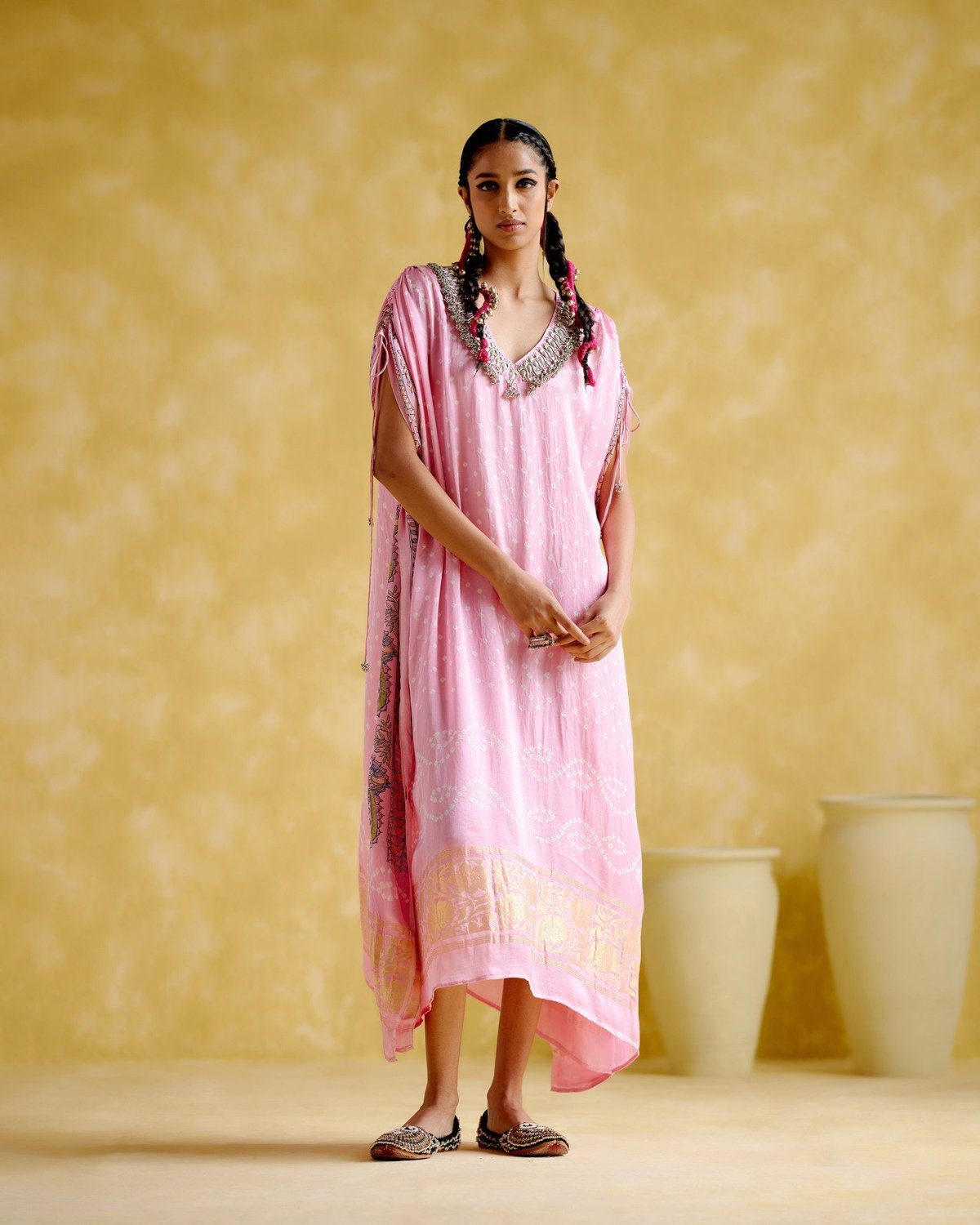 Pink Modal Satin Bandhani Kaftan with Ghungroo V-Neck
