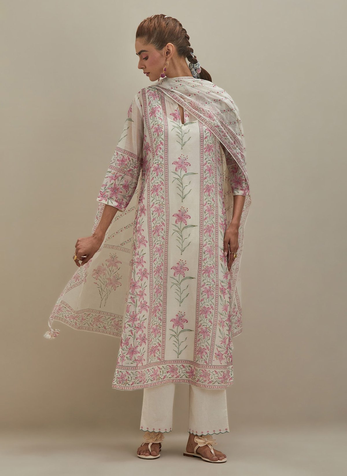 Off White Chanderi Straight Kurta Sets Block Print