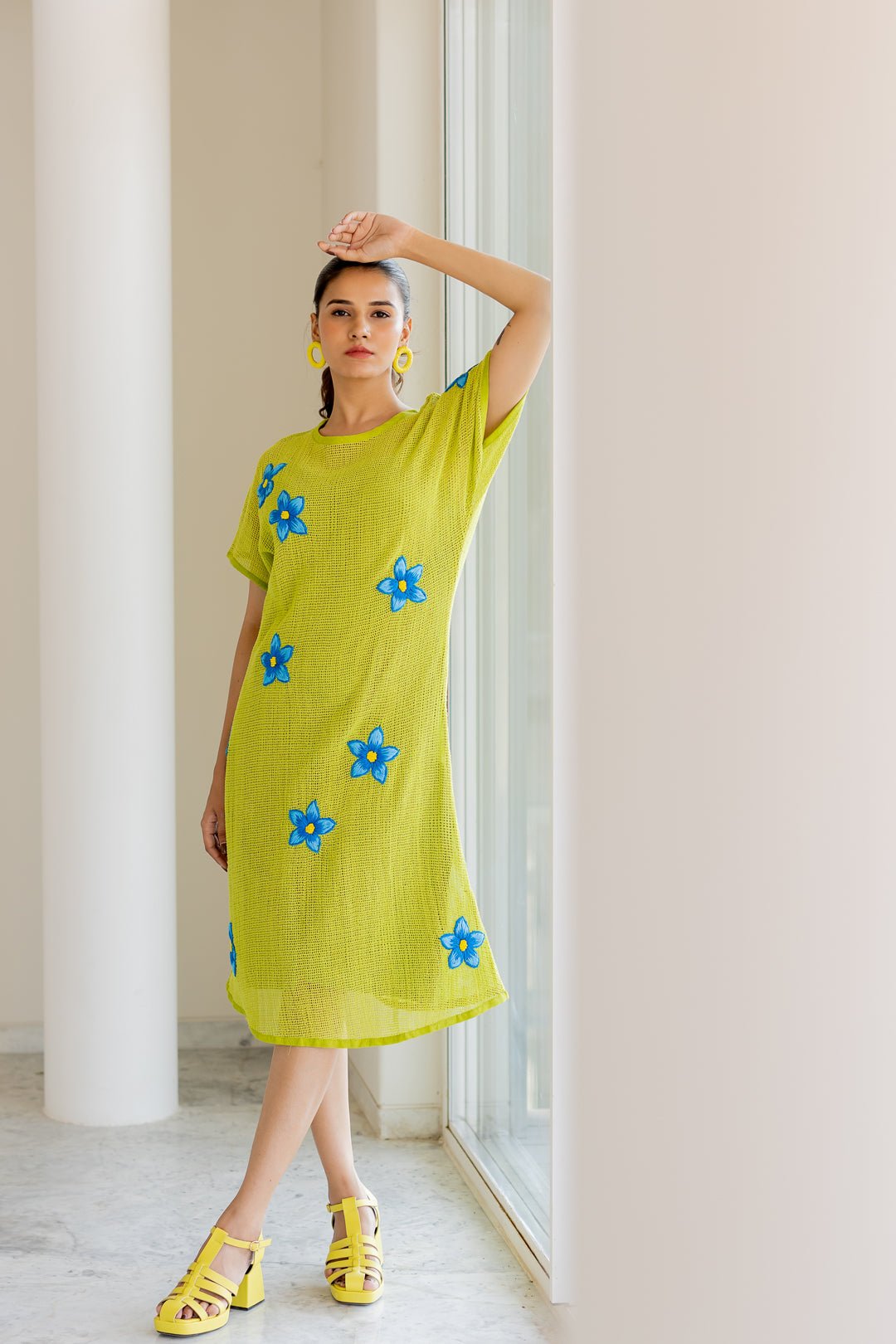 Avocado Green Cotton Mesh Embroidered Knee-Length Dress