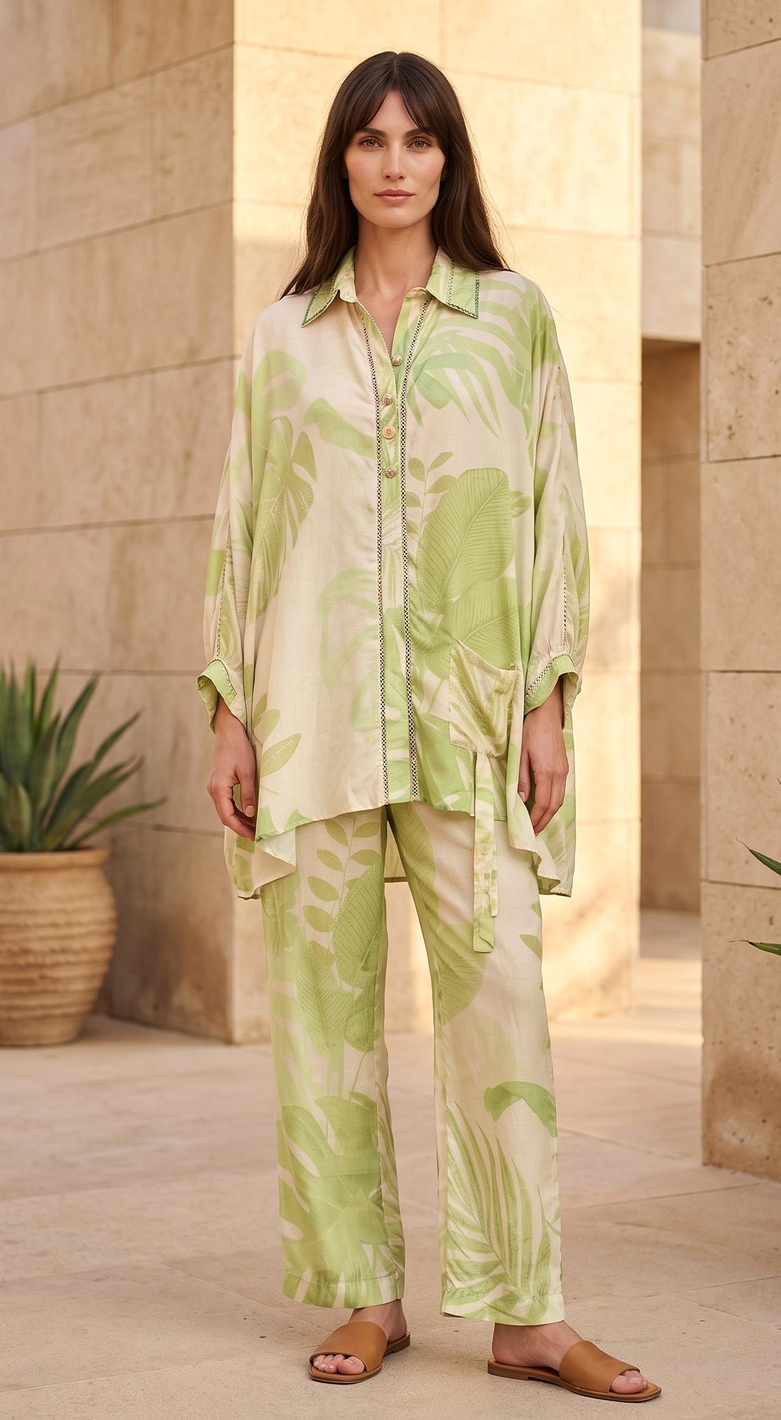 Ivory and Green Printed Shirt and Pants Co-ord Set