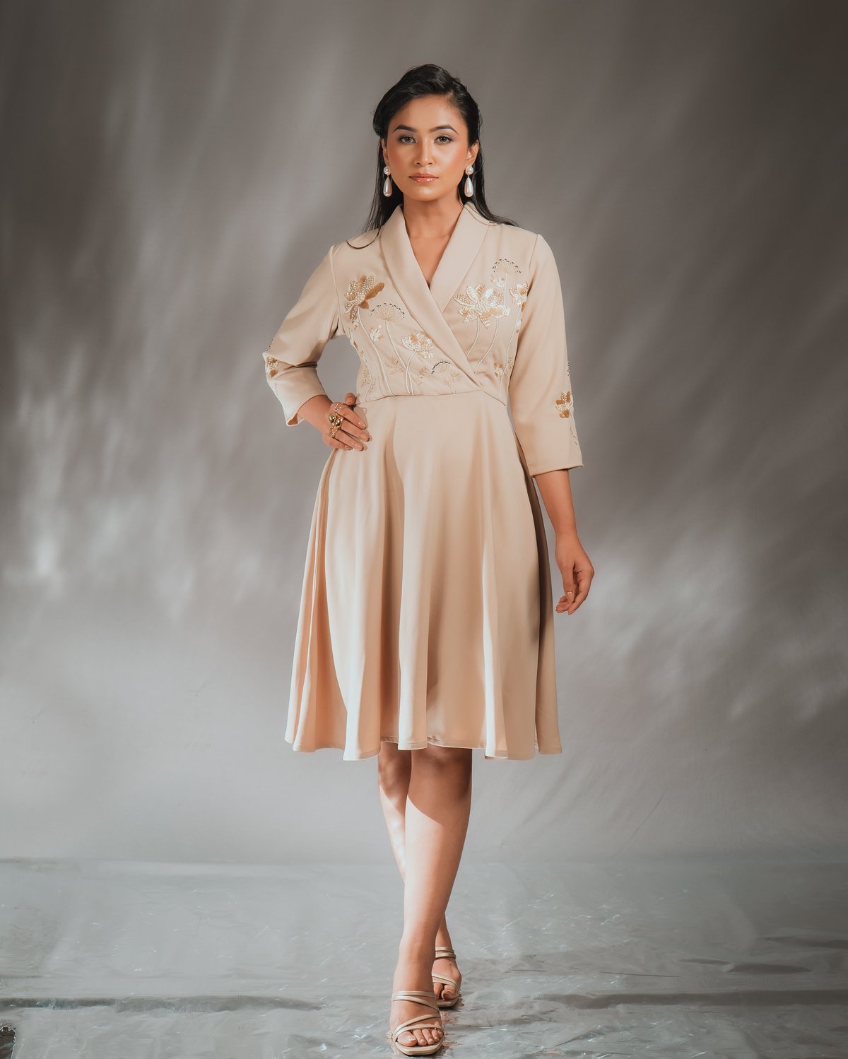 Beige Embellished Fit and Flare Wrap Dress