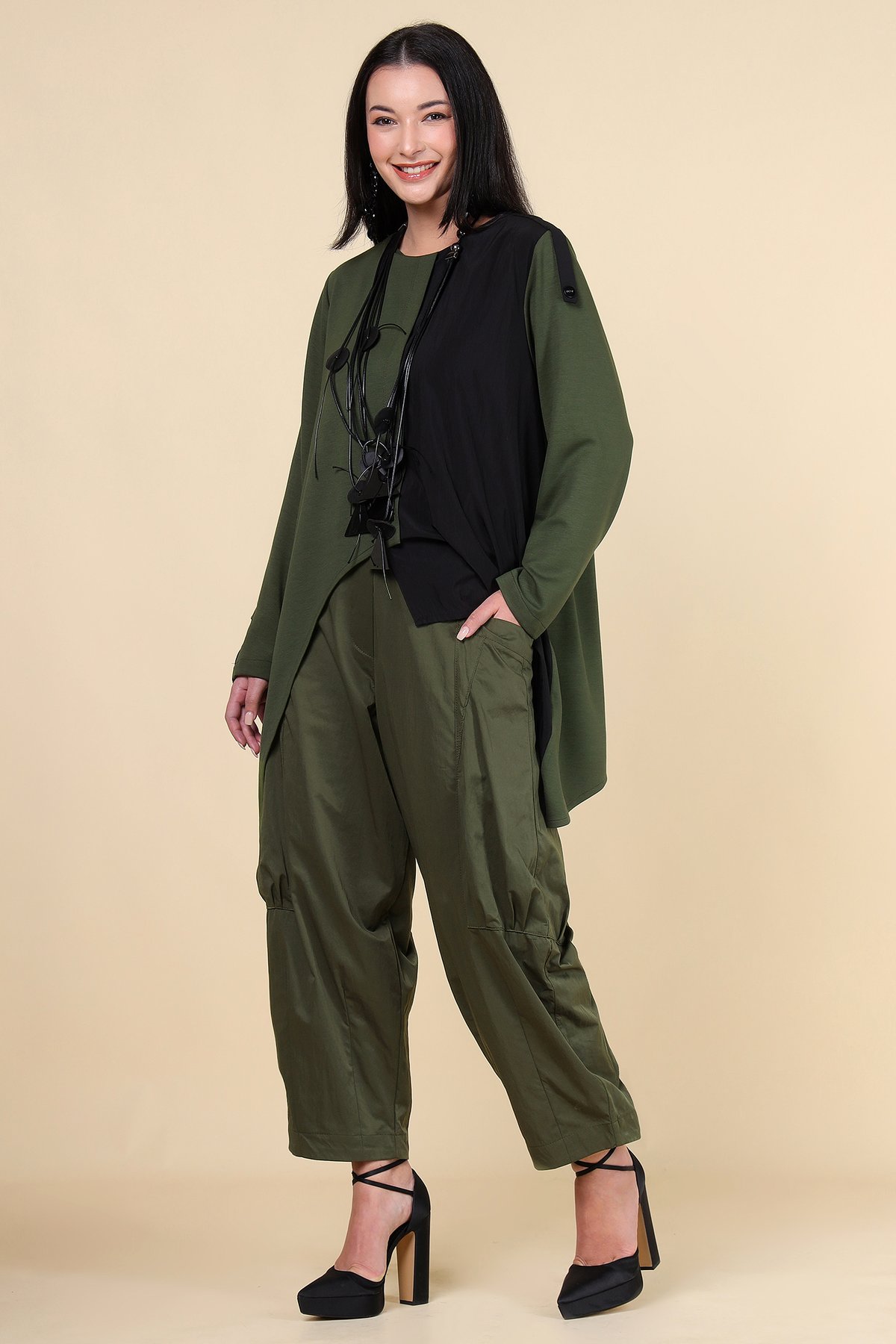Khakhi High-Rise Harem Utility Trousers with Tie Belt