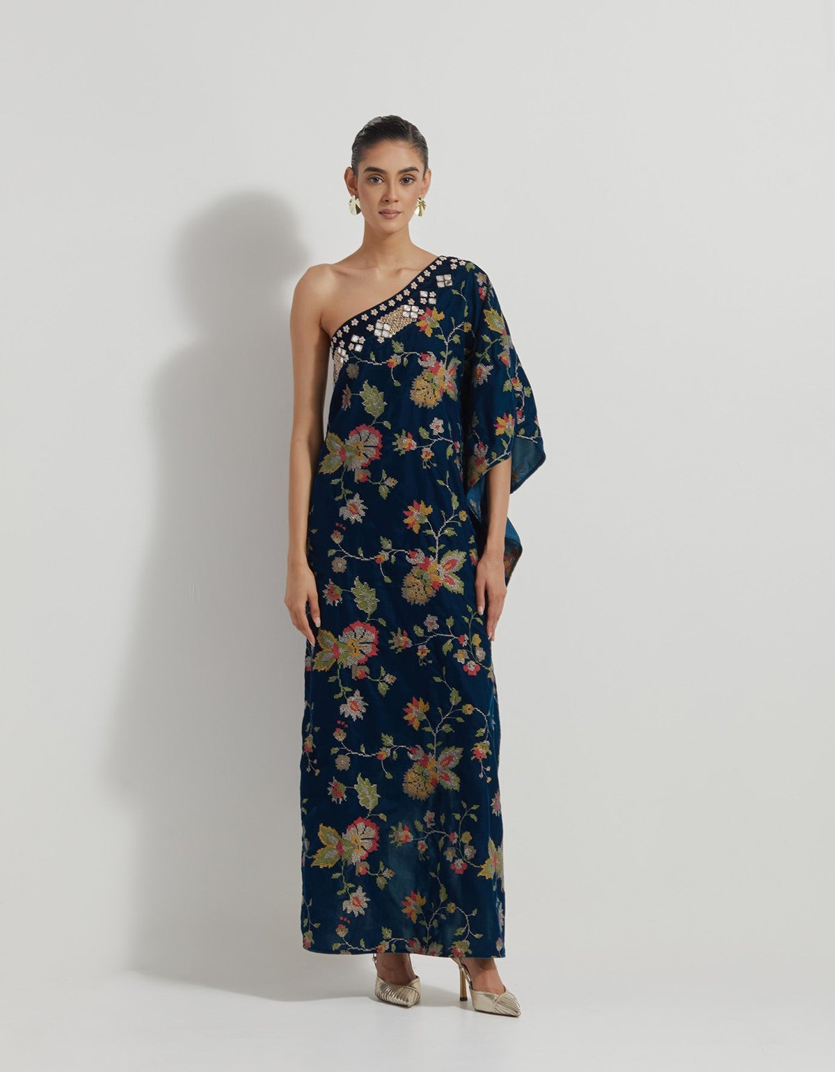 Teal One-Shoulder Velvet Maxi Dress with Mirror Work