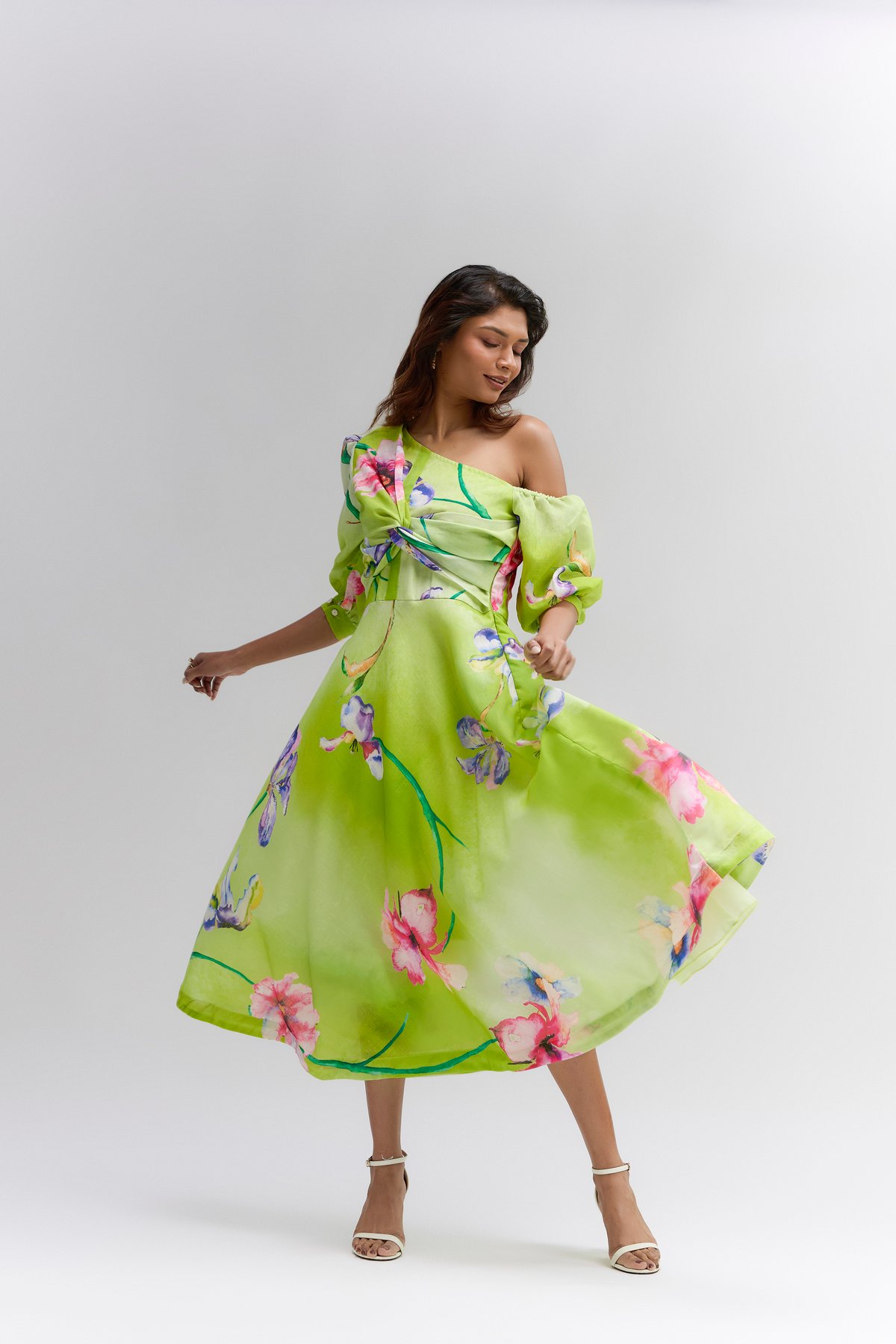 Lime Green Floral Midi One Shoulder Dress