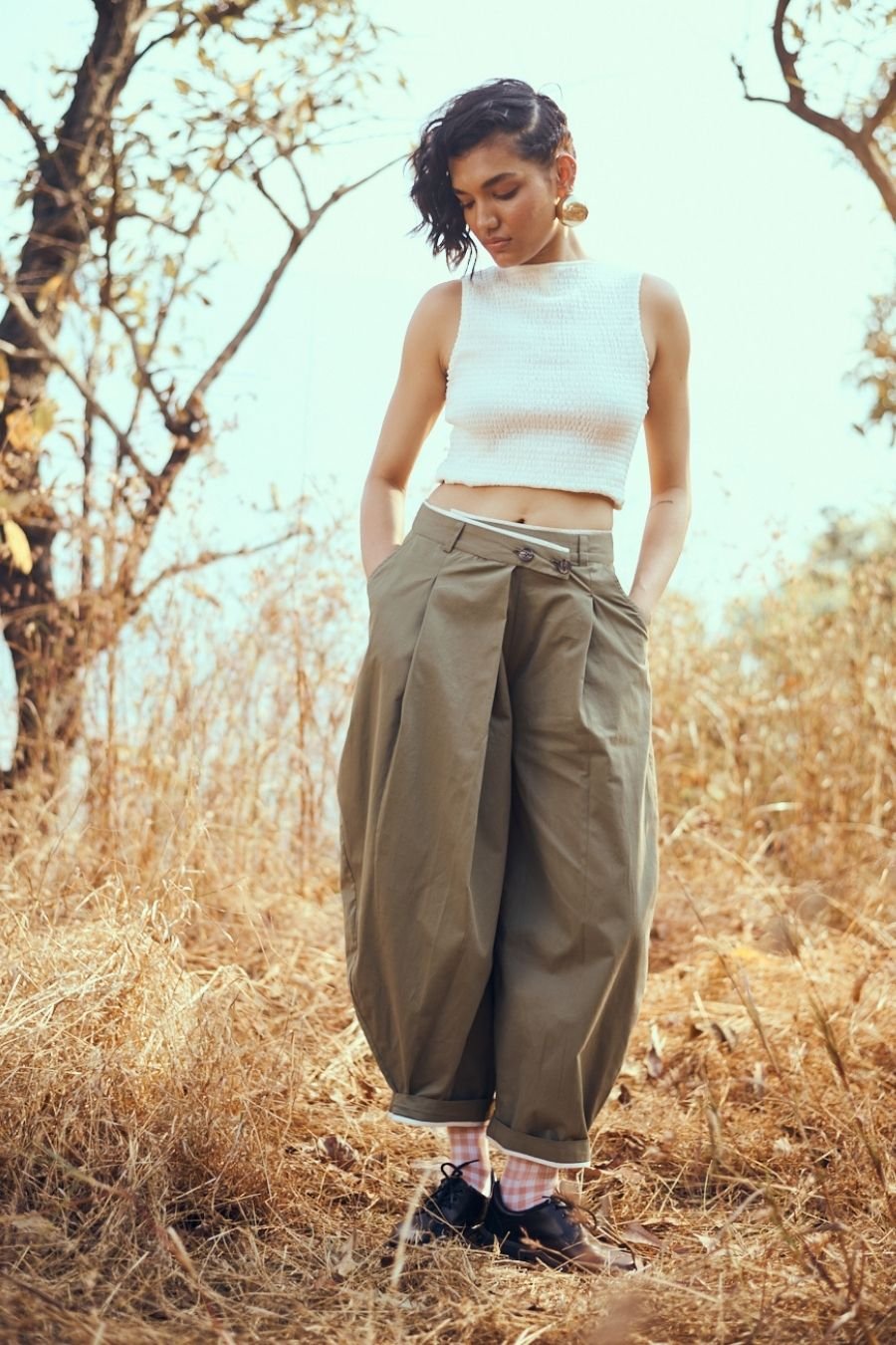 Olive Asymmetric Waist Cotton Twill Trousers