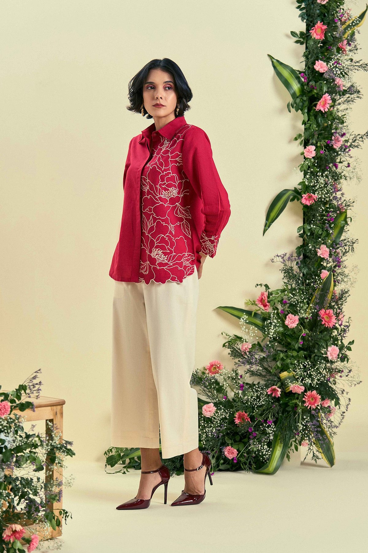 Red Linen Blend Embroidered Shirt with Cutwork Hem