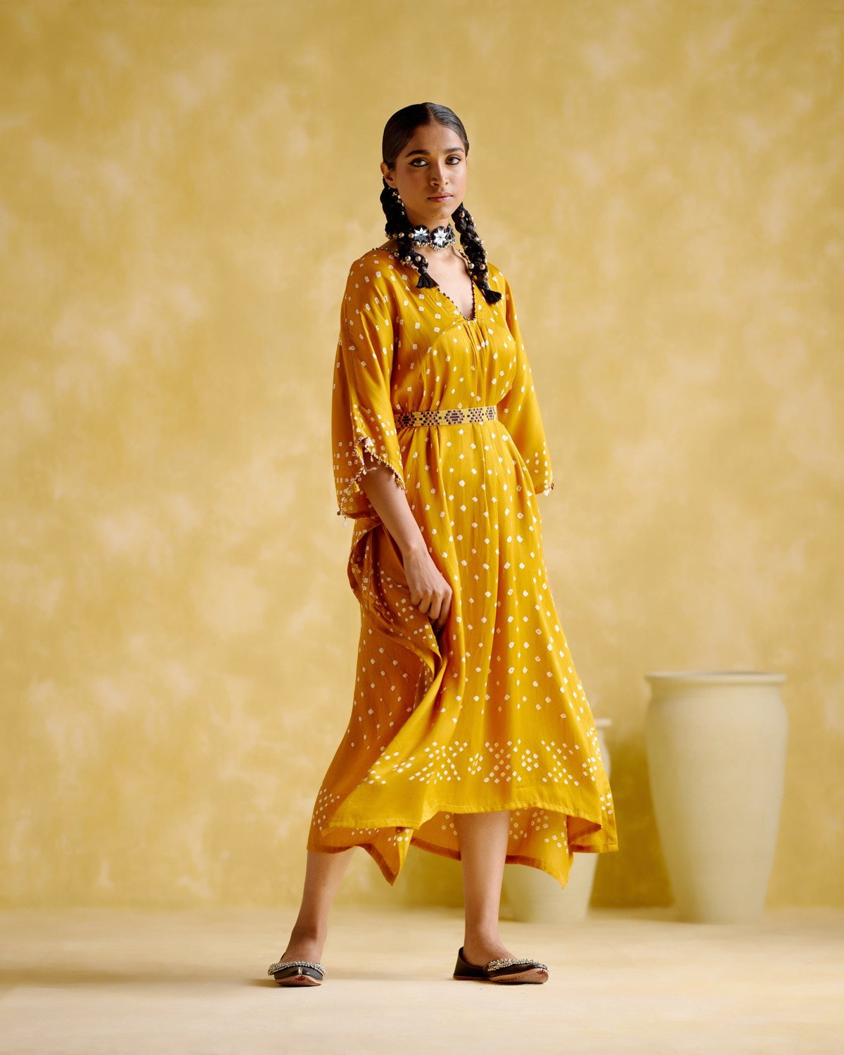 Mustard Bandhani Kaftan with Beaded Belt