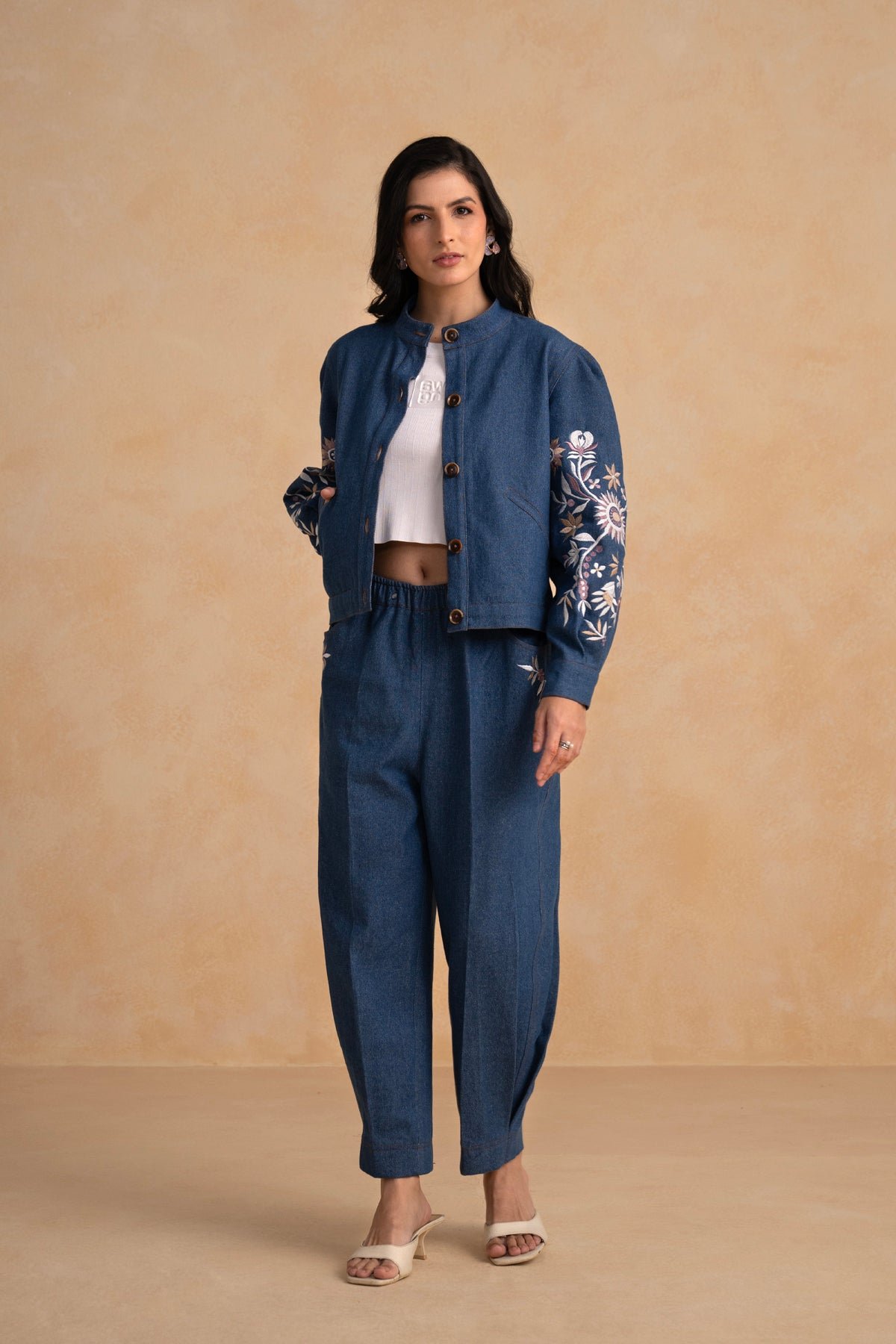 Denim Blue Embroidered Sleeve Jacket and Pants Co-ord Set