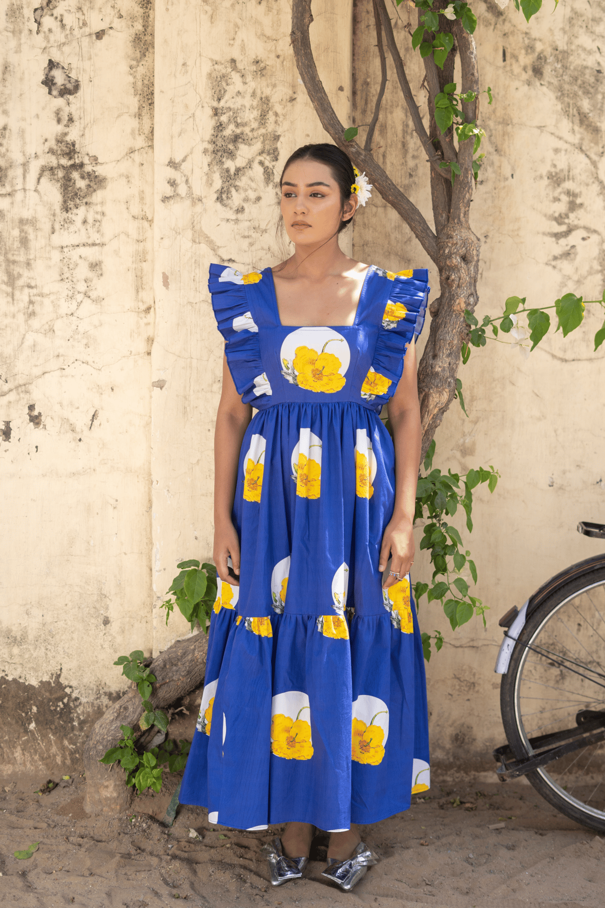 Blue Floral Printed Tiered Poplin Maxi Dress