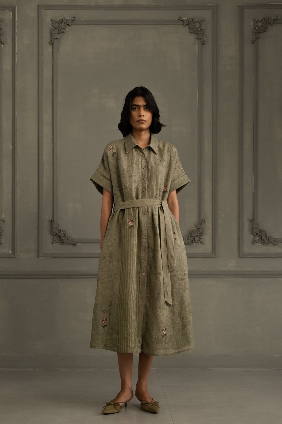 Old Rose Dress In Gauze Linen With Belt