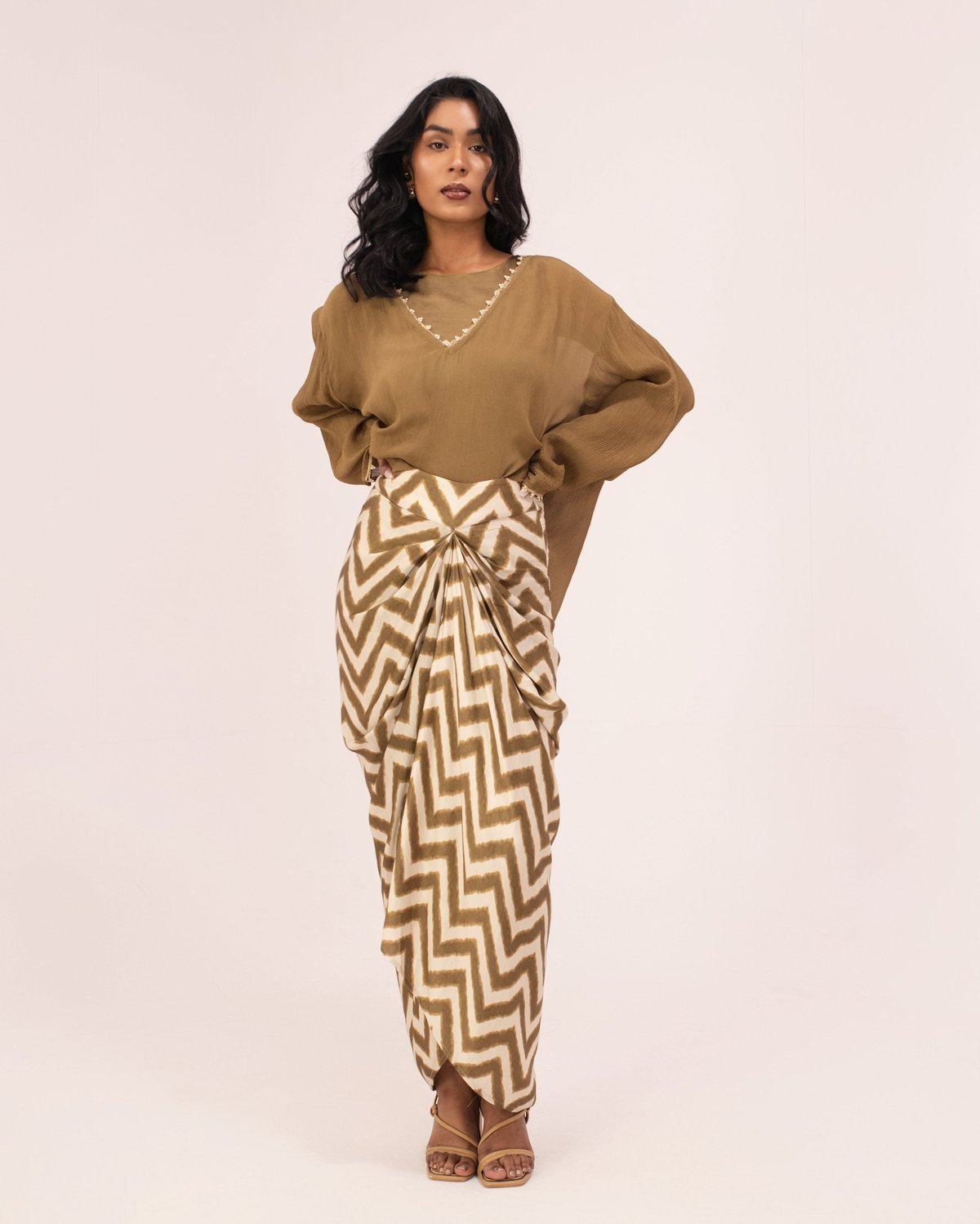 Olive Three-Piece Co-ord Set with Drape Maxi Skirt