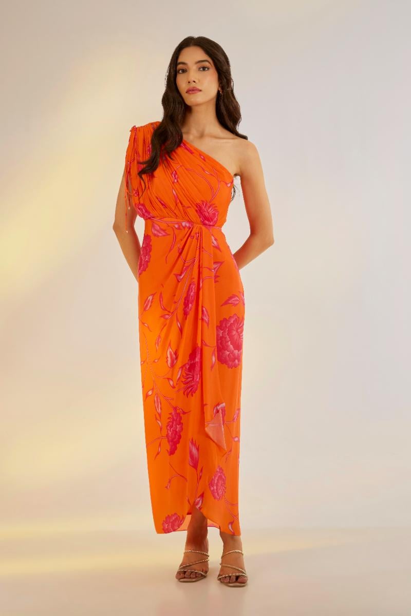 Orange One-Shoulder Printed Satin Georgette Maxi Dress