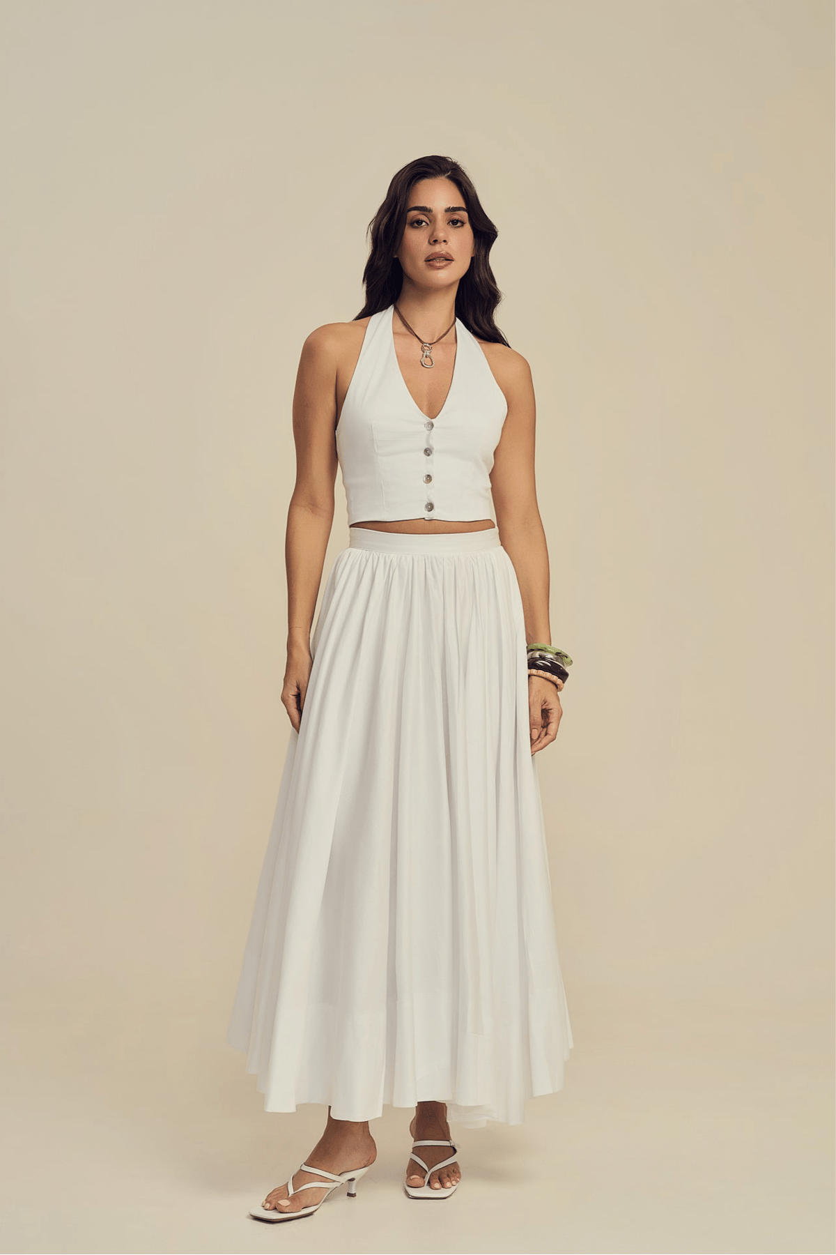 White Cotton Circular Flare Maxi Skirt with Side Zip