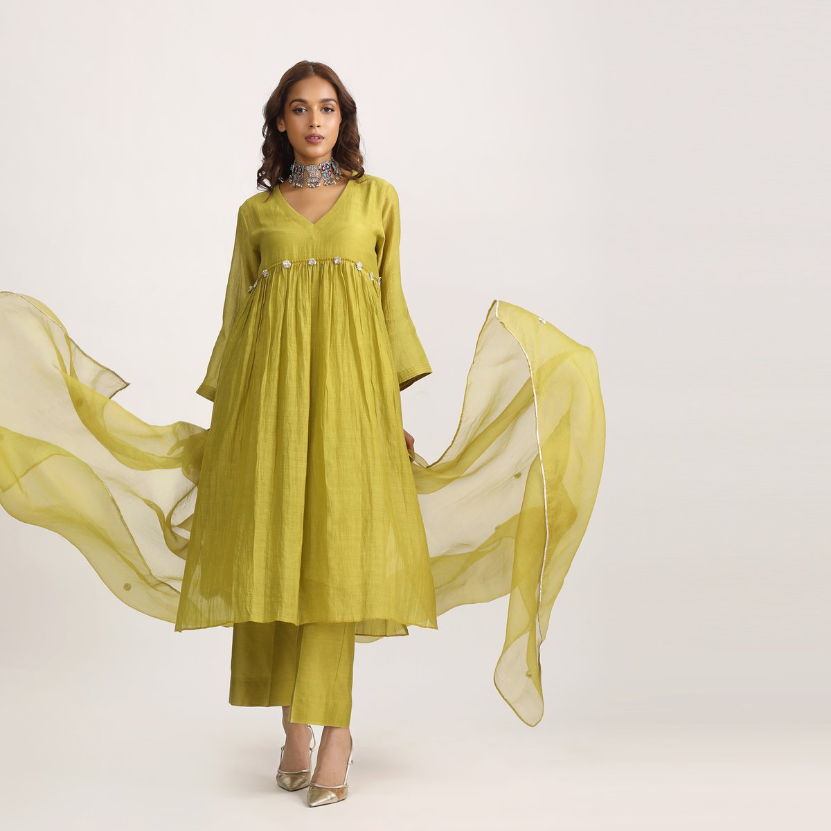 Lime Green Silk Chanderi A-Line Kurta Set with Organza Dupatta