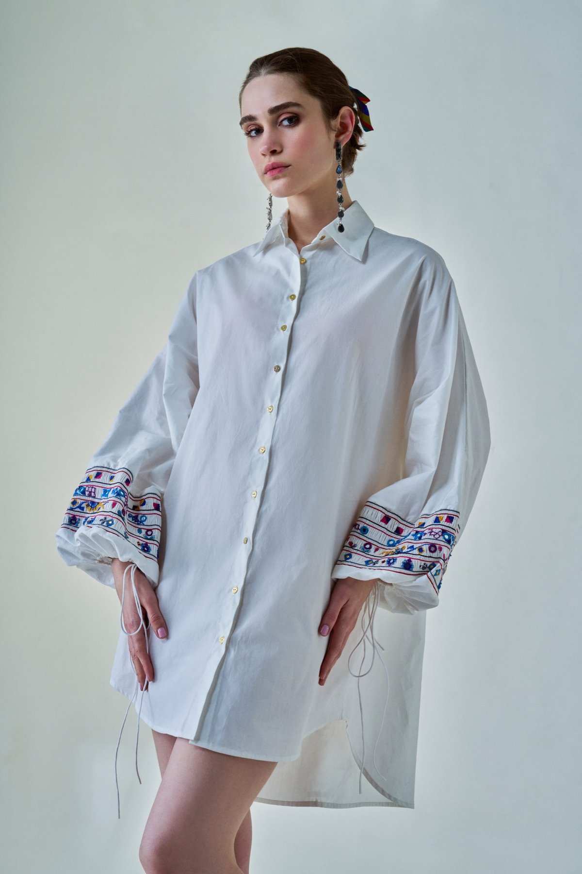 White Oversized Poplin Shirt with Mirror-Work Cuff Detail