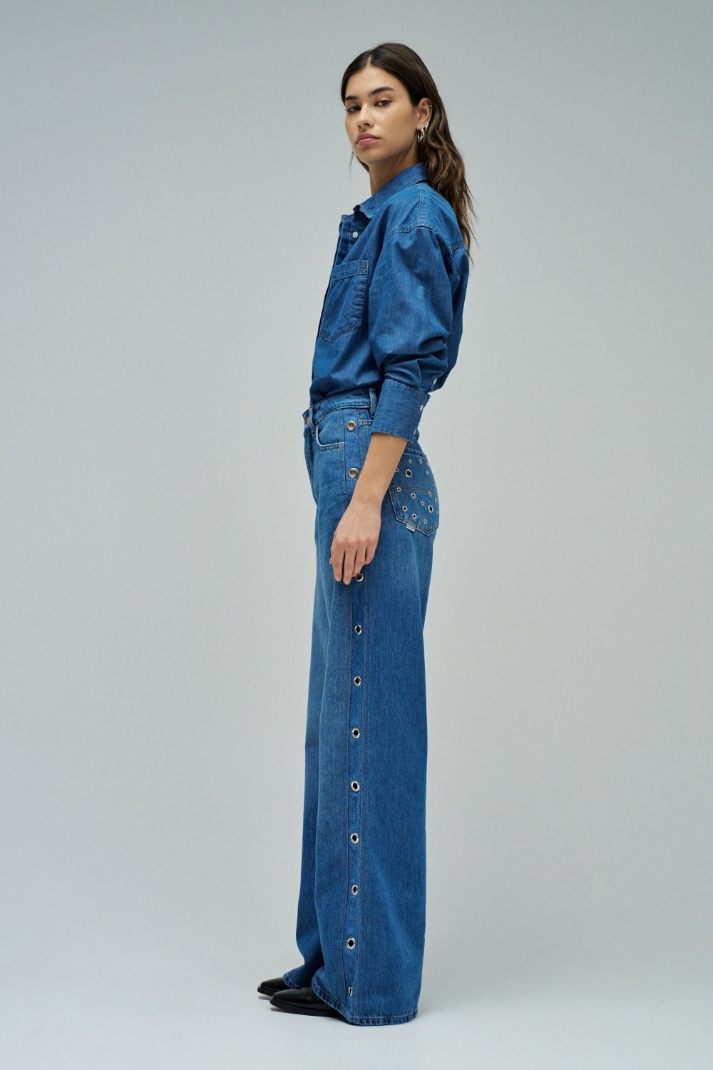 Blue Very High-Waist Wide-Leg Jeans with Eyelets