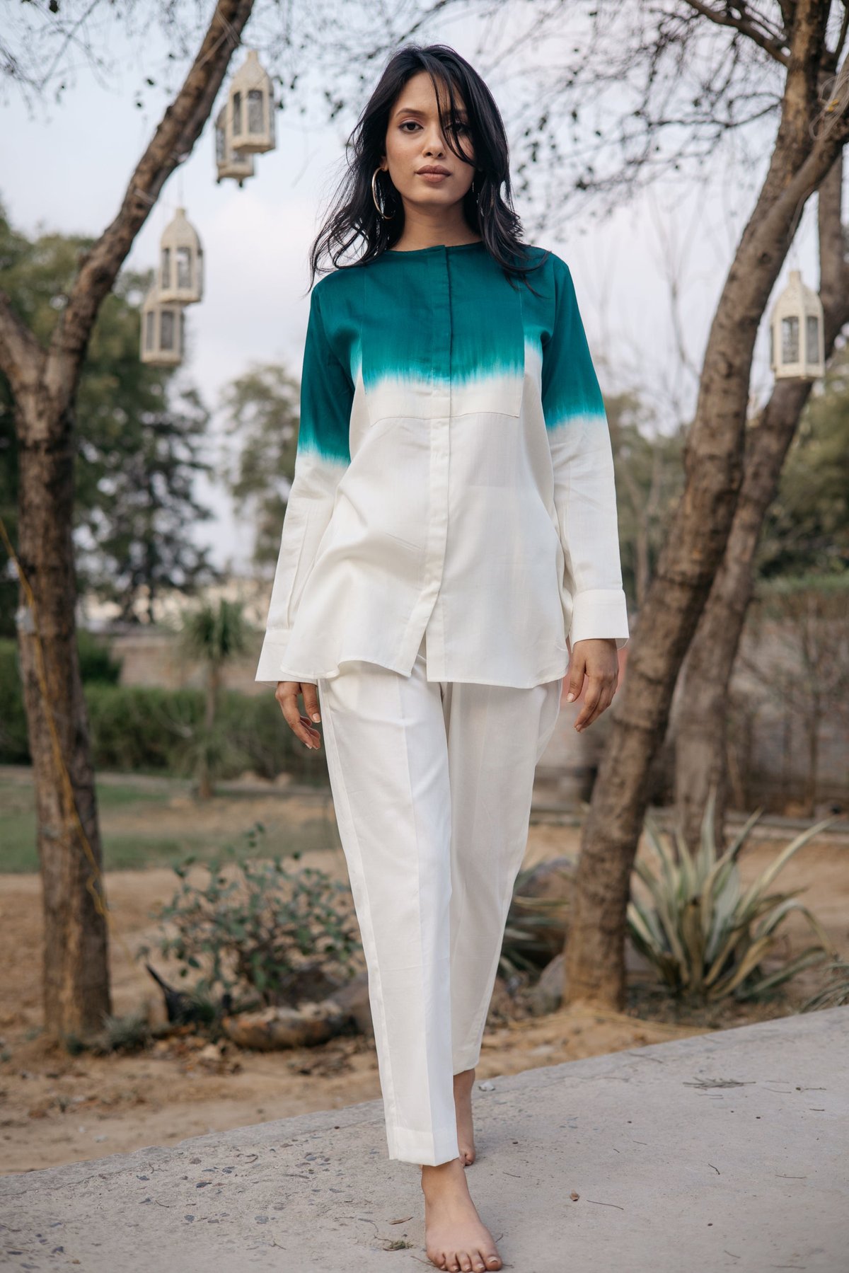 Emerald Ombre Cotton Co-ord Set with Tunic Top and Pants