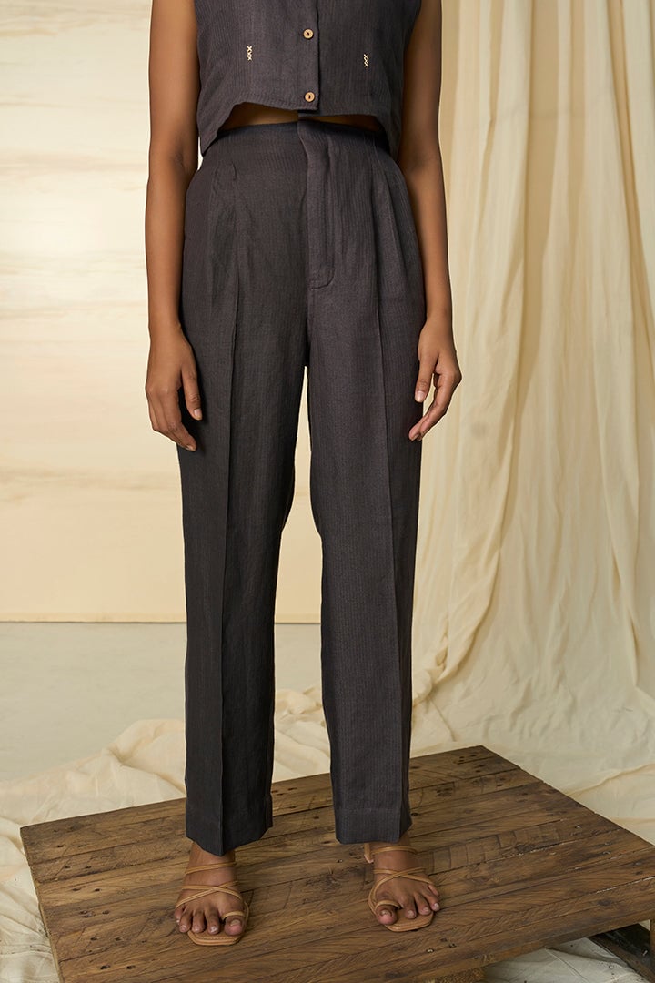 Brown Organic Hemp High-Waist Straight-Leg Trousers