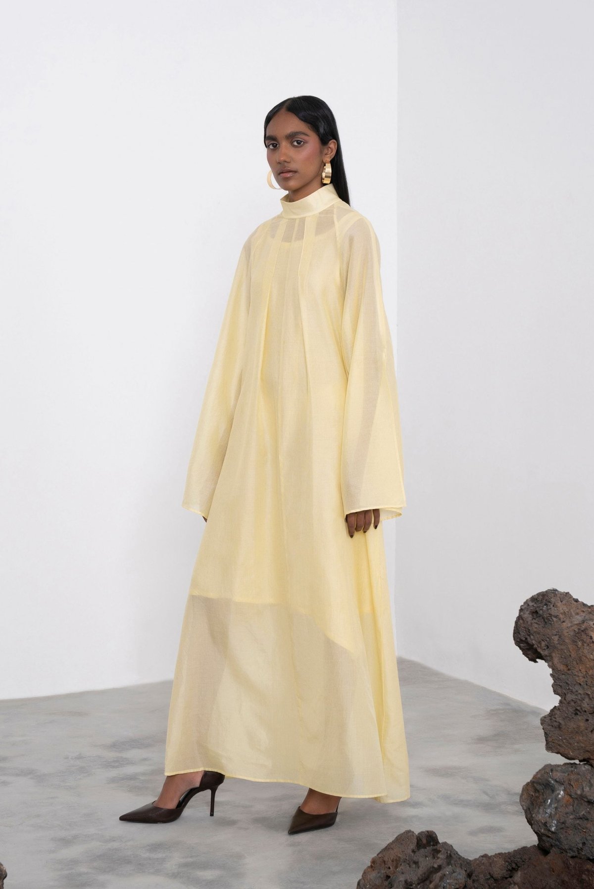 Soft Yellow Pinstriped A-Line Maxi Dress with Band Collar