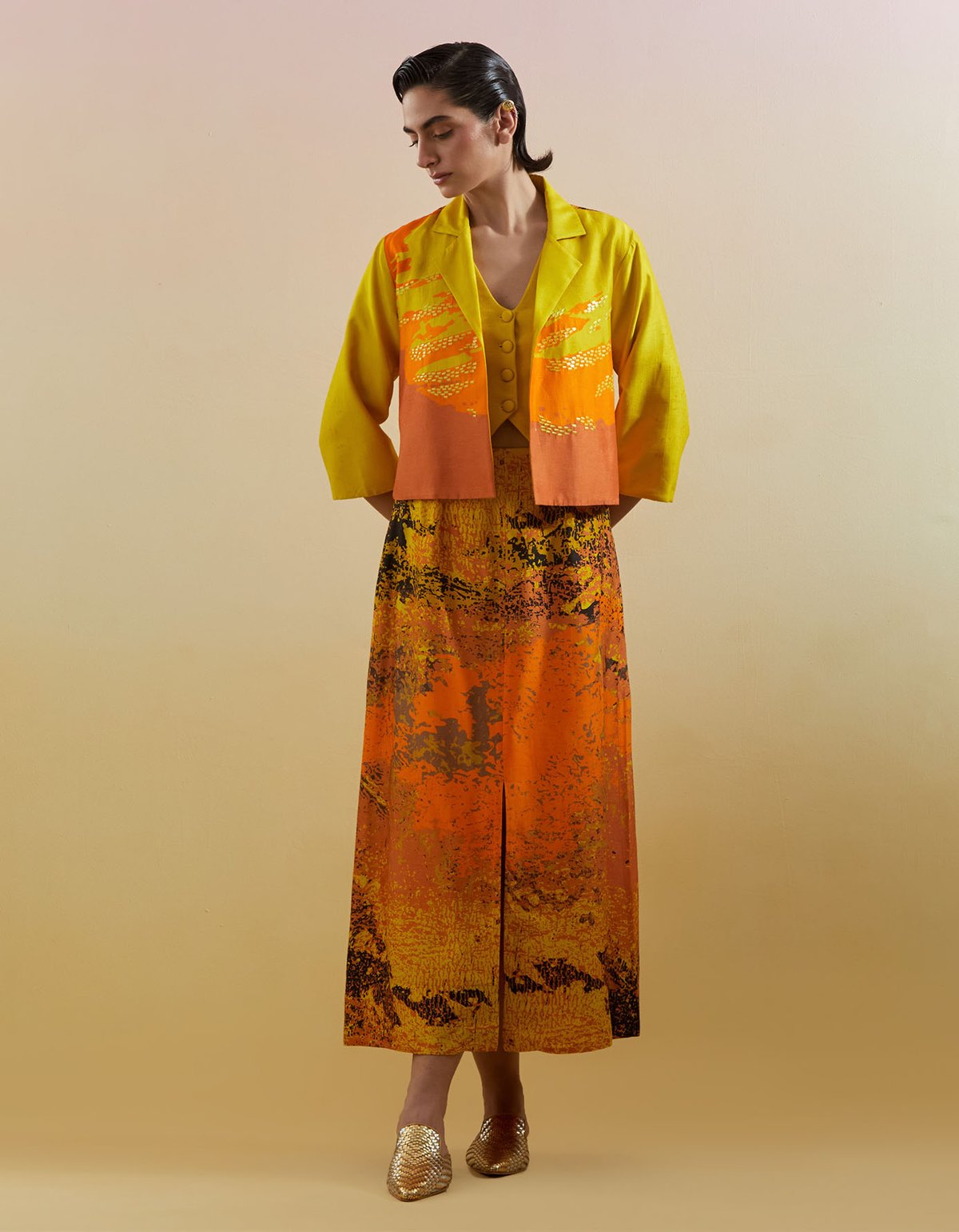 Yellow Colorblocked Jacket and Abstract Skirt Co-ord Set