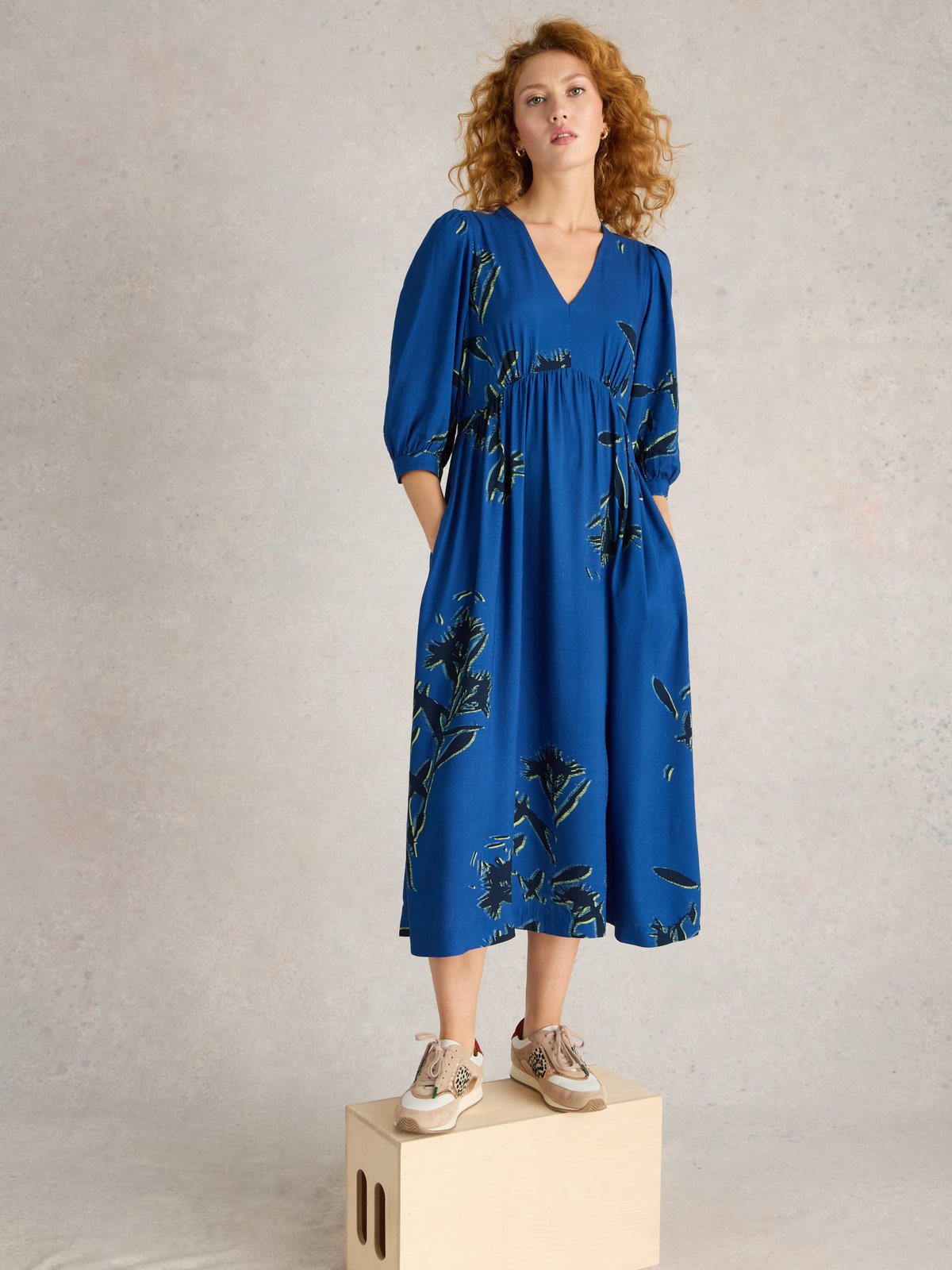 Blue Floral Fit and Flare V-Neck Midi Dress
