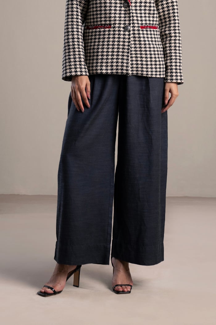Grey Cotton Slub Wide-Leg Trousers