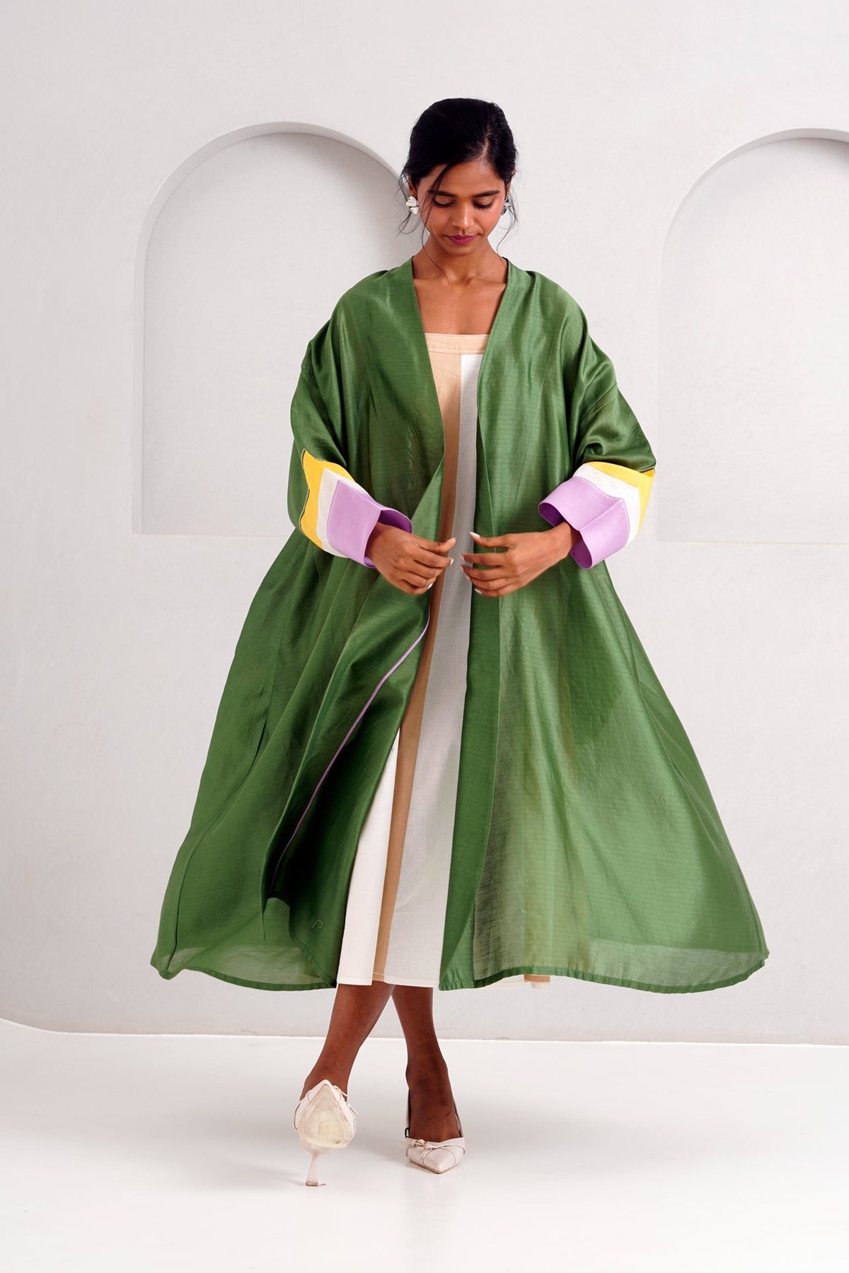 Pine Green Longline Overlay Jacket with Colorblocked Cuffs