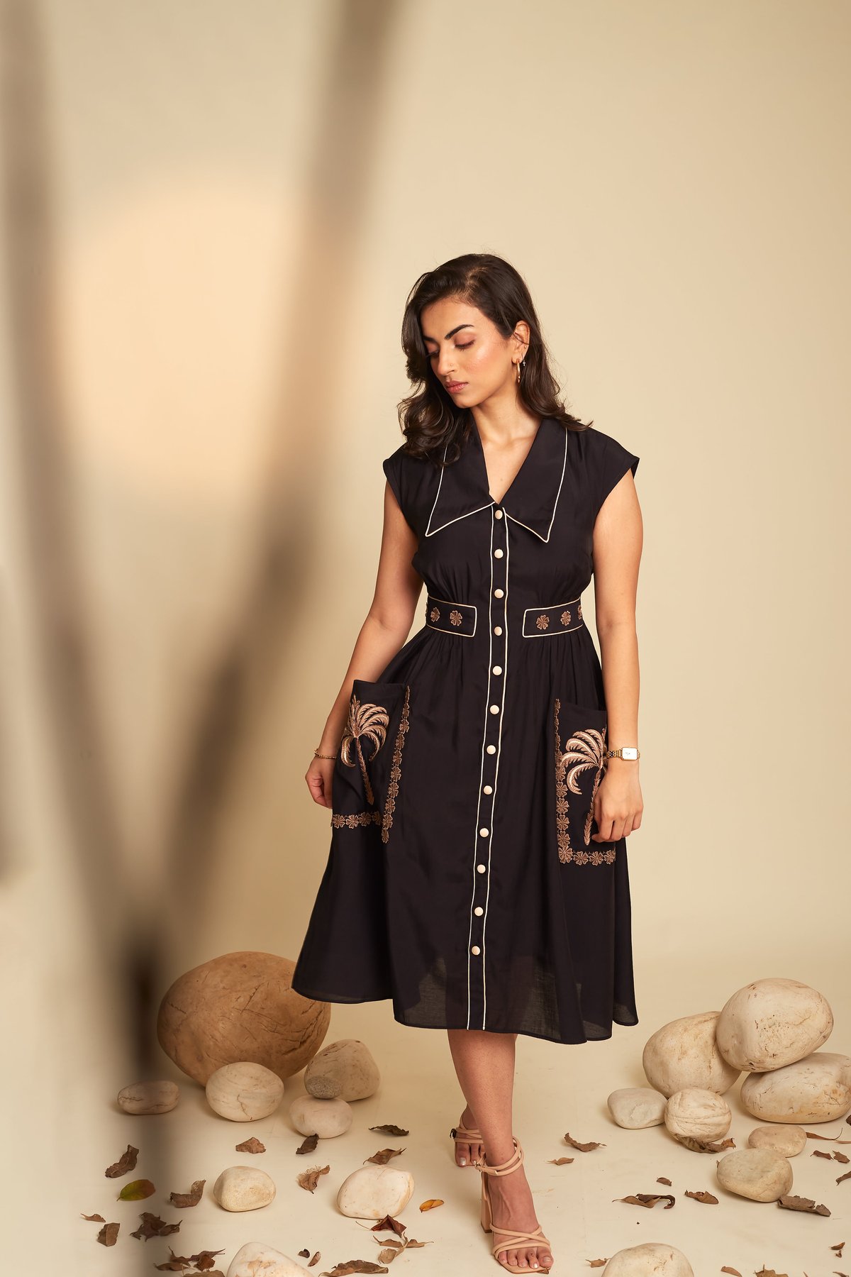 Black A-Line Midi Shirt Dress with Embroidered Pockets