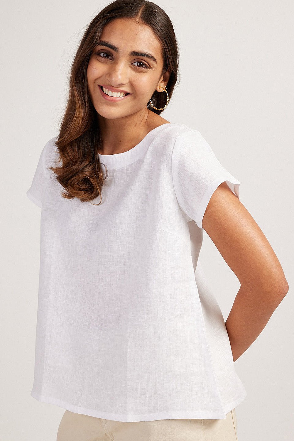 Pearl White Linen Boat Neck Top