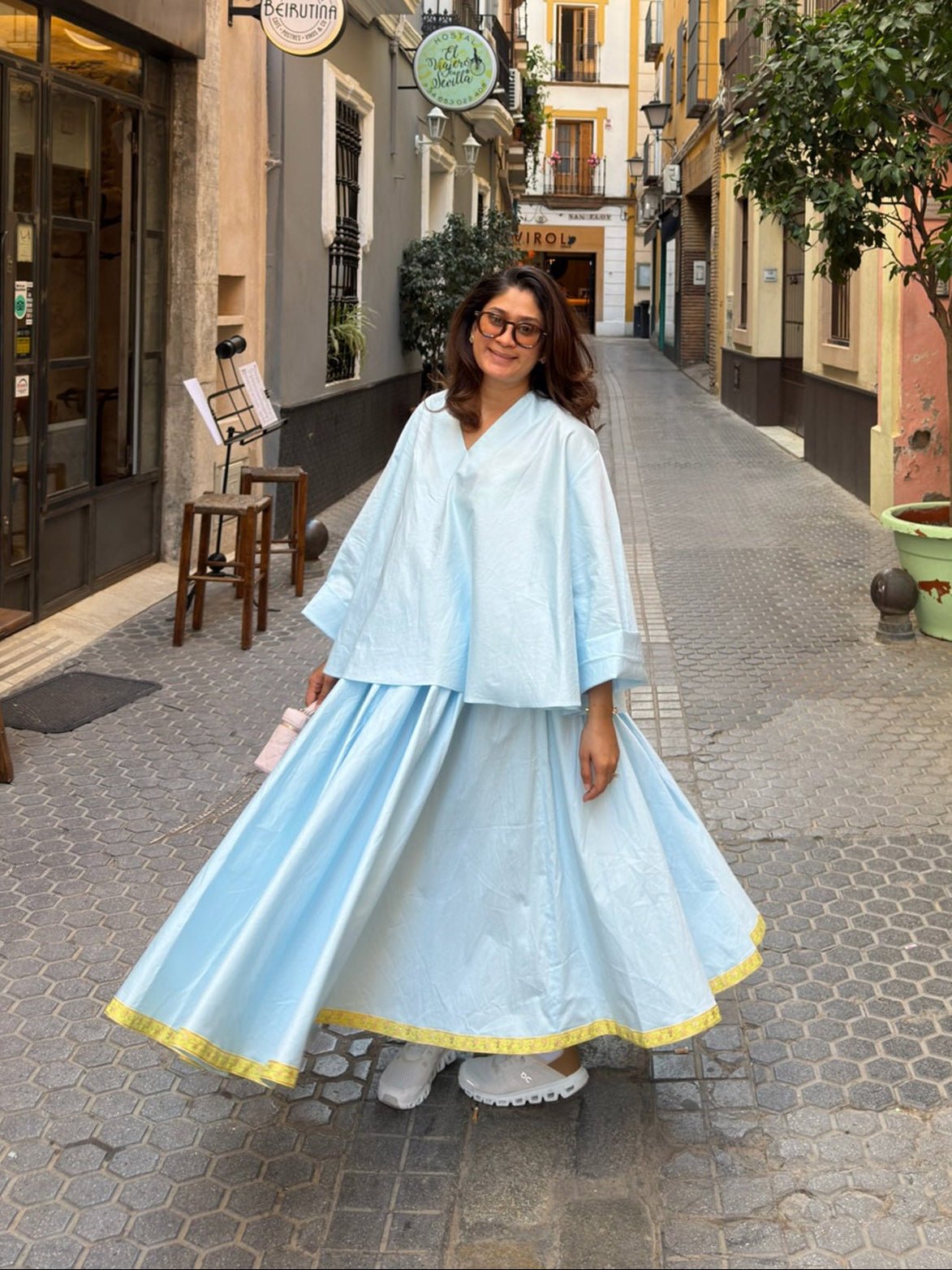 Powder Blue Cotton Co-ord Set with Flared Skirt