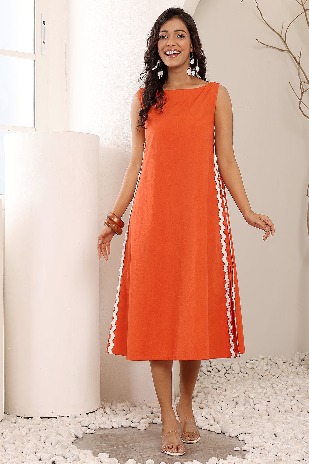 Orange Poplin A-Line Midi Tunic Dress with Ricrac Trim