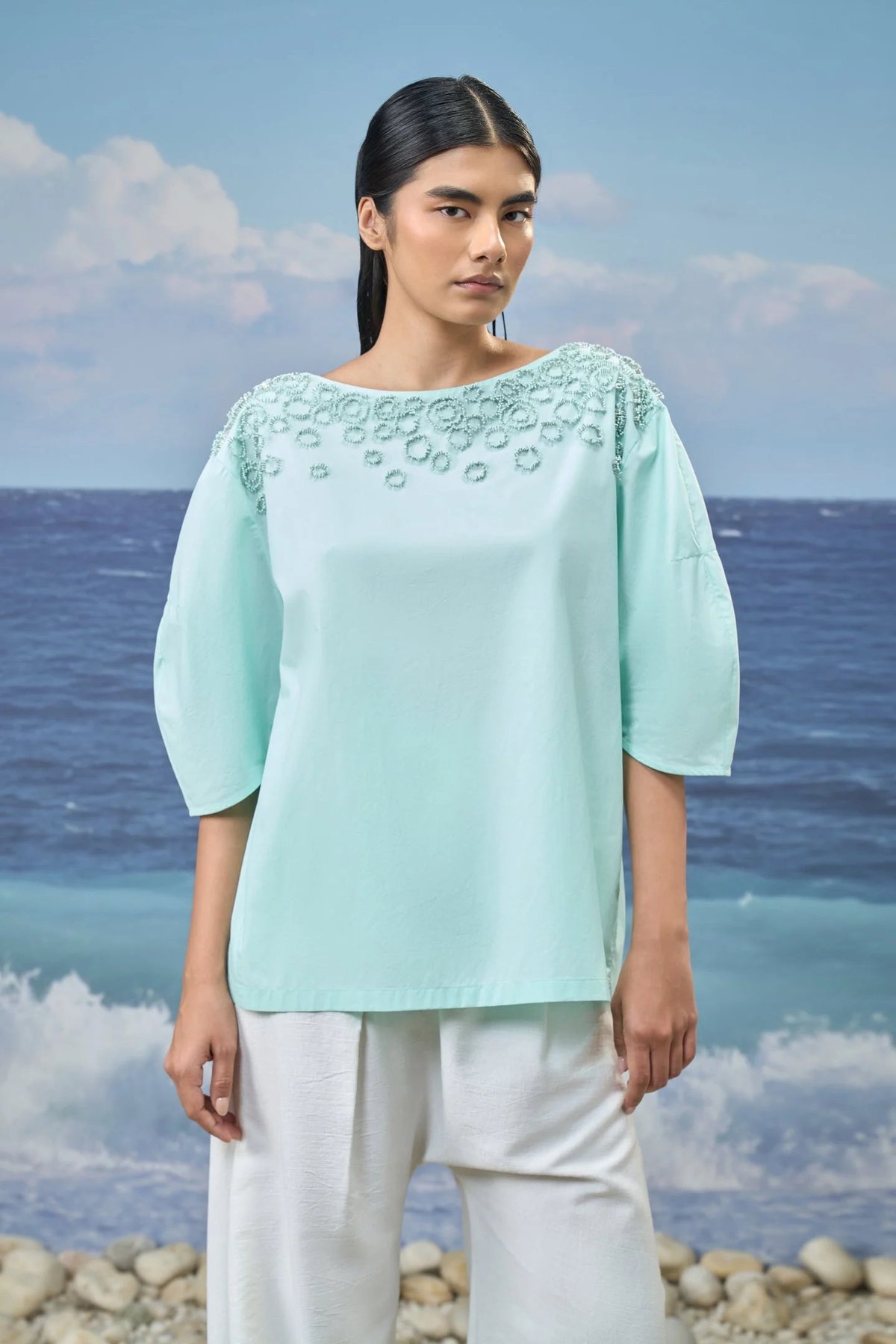 Elbow-Sleeve Top Cotton Poplin – Mint Green