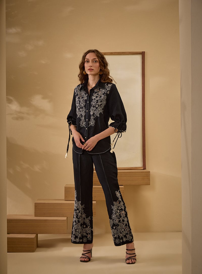 Black Embroidered Shirt and Flared Pants Co-ord Set