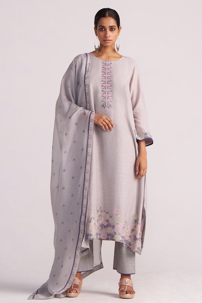 Grey A-Line Kurta Set with Embroidered Panel and Dupatta