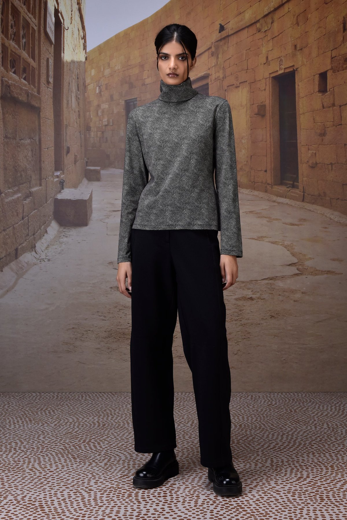 Black Micro-Dot High Neck Long Sleeve Jersey Top