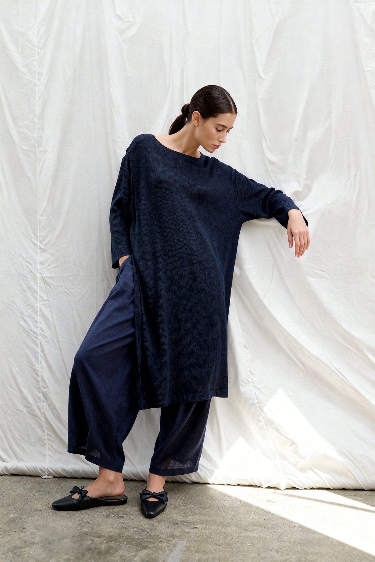 Navy A-Line Kurta and Drawstring Pants Set