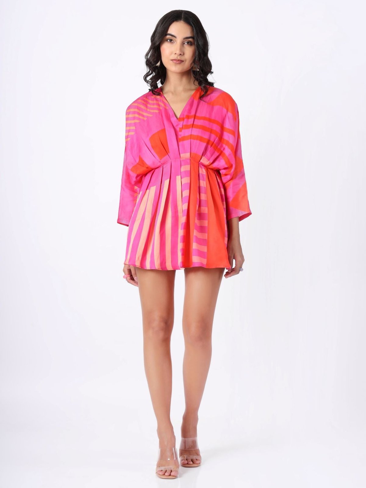 Pink Printed Fit and Flare Mini Dress with V-Neck