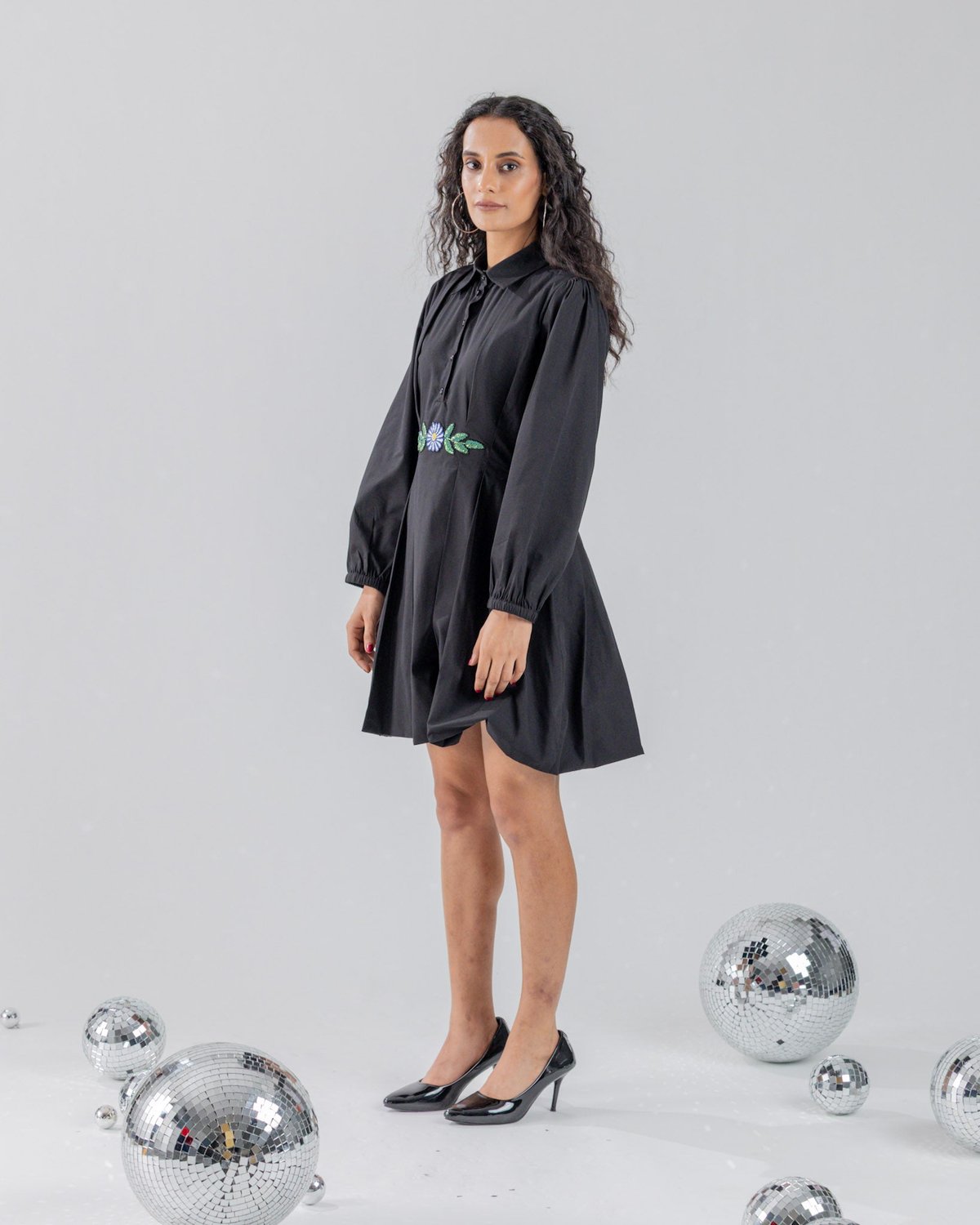 Black Cotton Mini Shirt Dress with Pleated Waist Detail