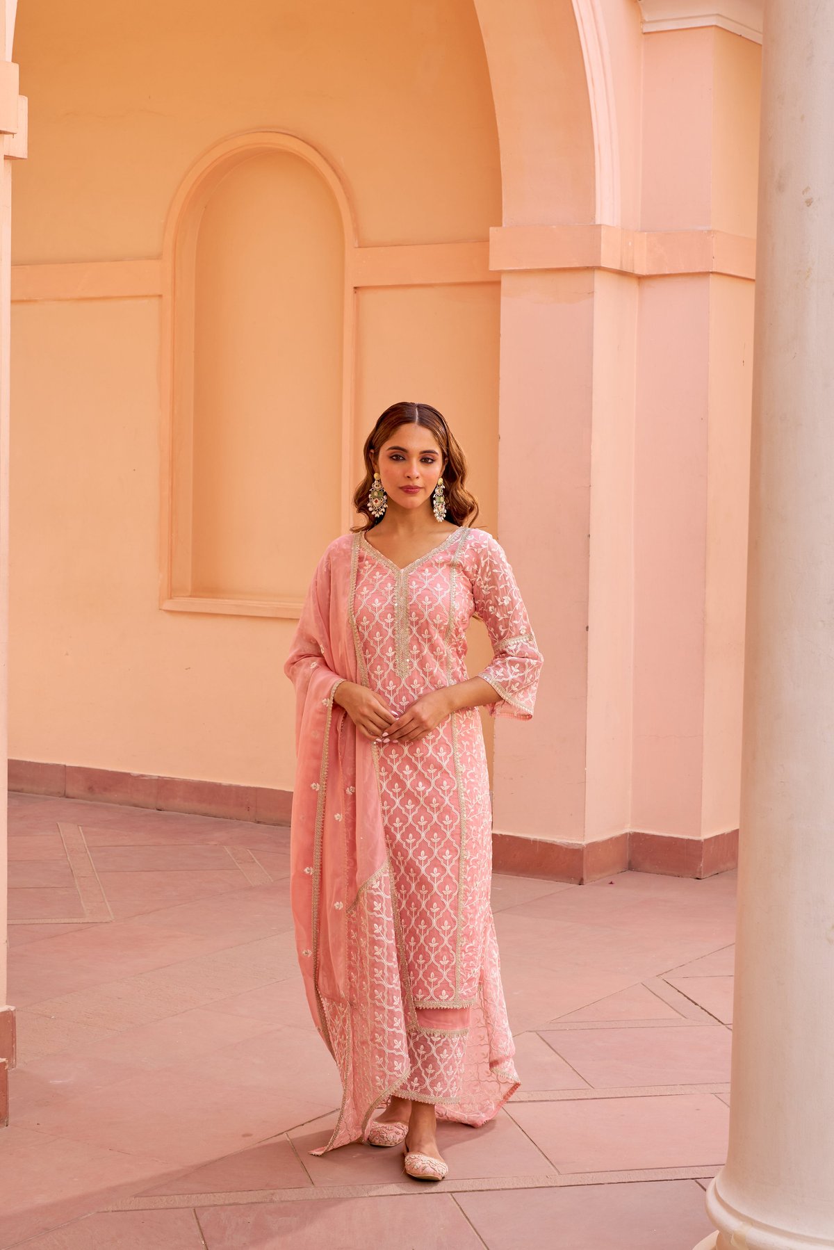 Pink Organza Embroidered A-Line Kurta Set with Dupatta