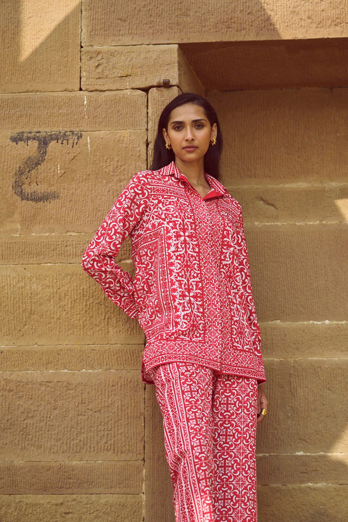 Red and White Baroque Placement Print Shirt