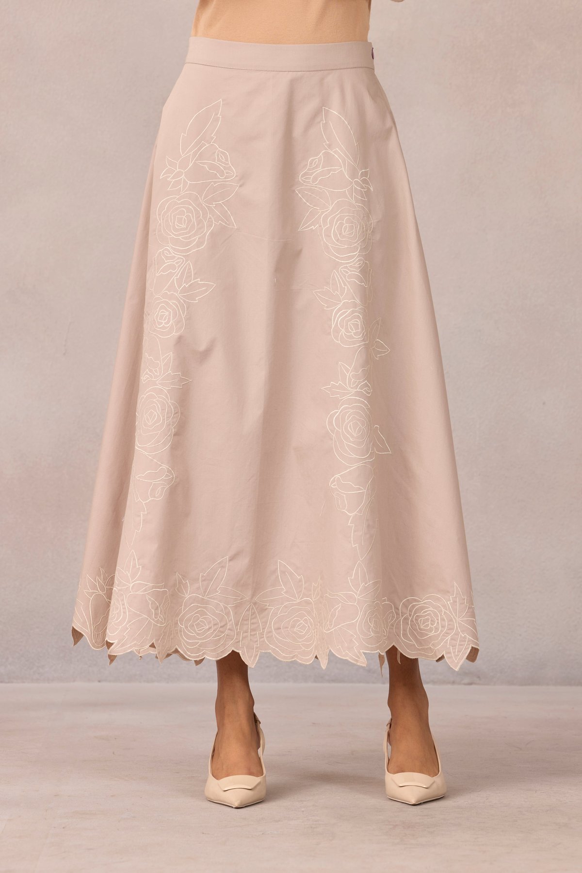 Ginger Beige A-Line Midi Skirt with Floral Cutwork Hem